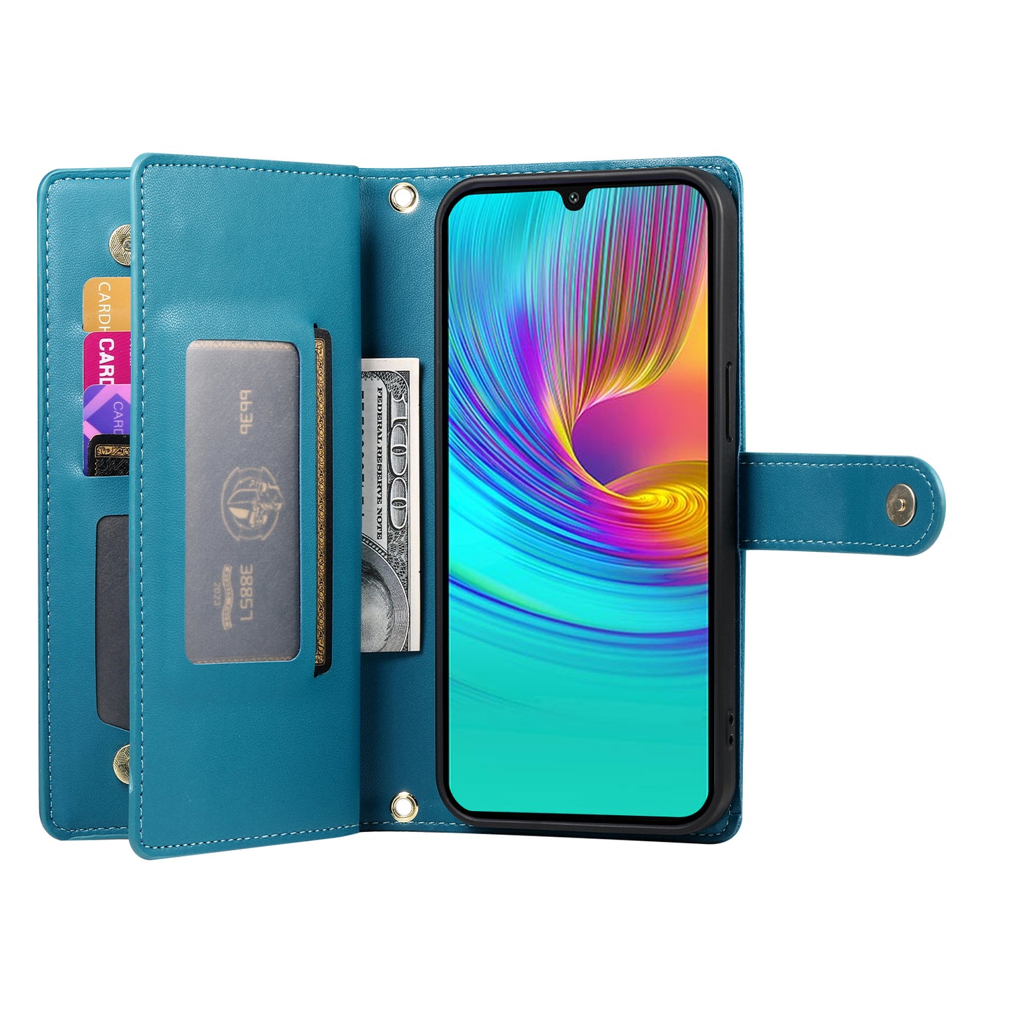 DF-011 For Samsung Galaxy A16 5G / A16 4G Case Zipper Pocket Wallet Leather Phone Cover with Straps - Blue