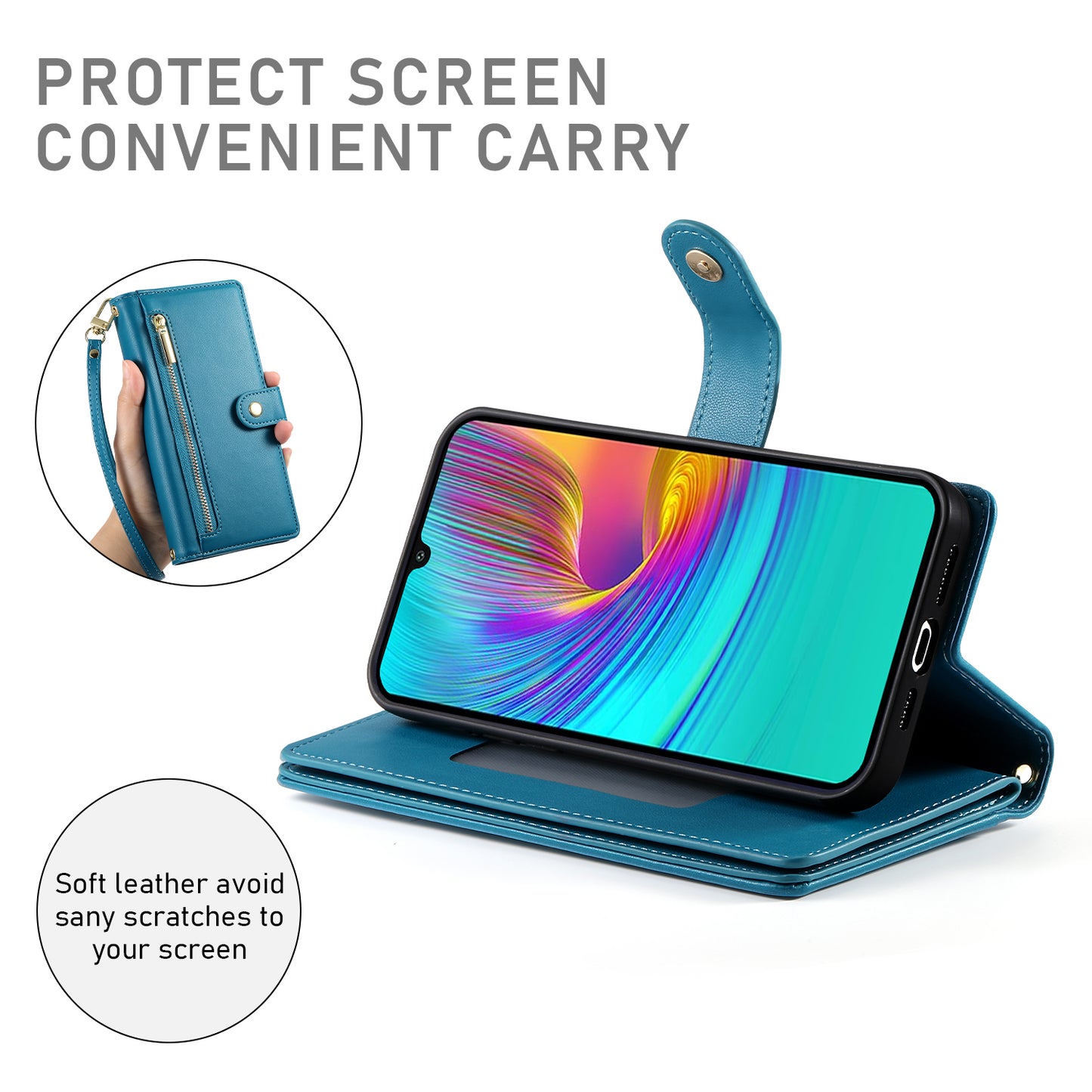 DF-011 For Samsung Galaxy A16 5G / A16 4G Case Zipper Pocket Wallet Leather Phone Cover with Straps - Blue