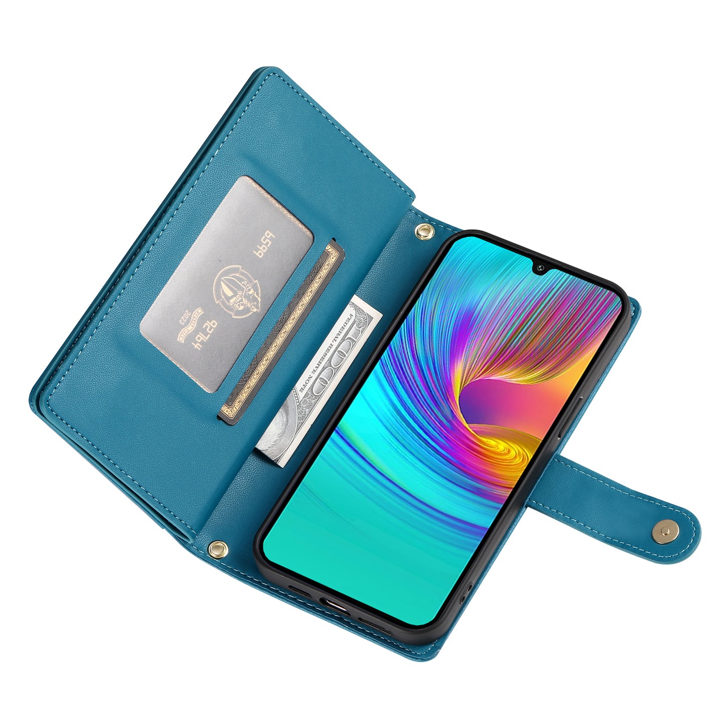 DF-011 For Samsung Galaxy A16 5G / A16 4G Case Zipper Pocket Wallet Leather Phone Cover with Straps - Blue
