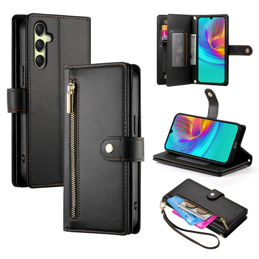 DF-011 For Samsung Galaxy A16 5G / A16 4G Case Zipper Pocket Wallet Leather Phone Cover with Straps - Black