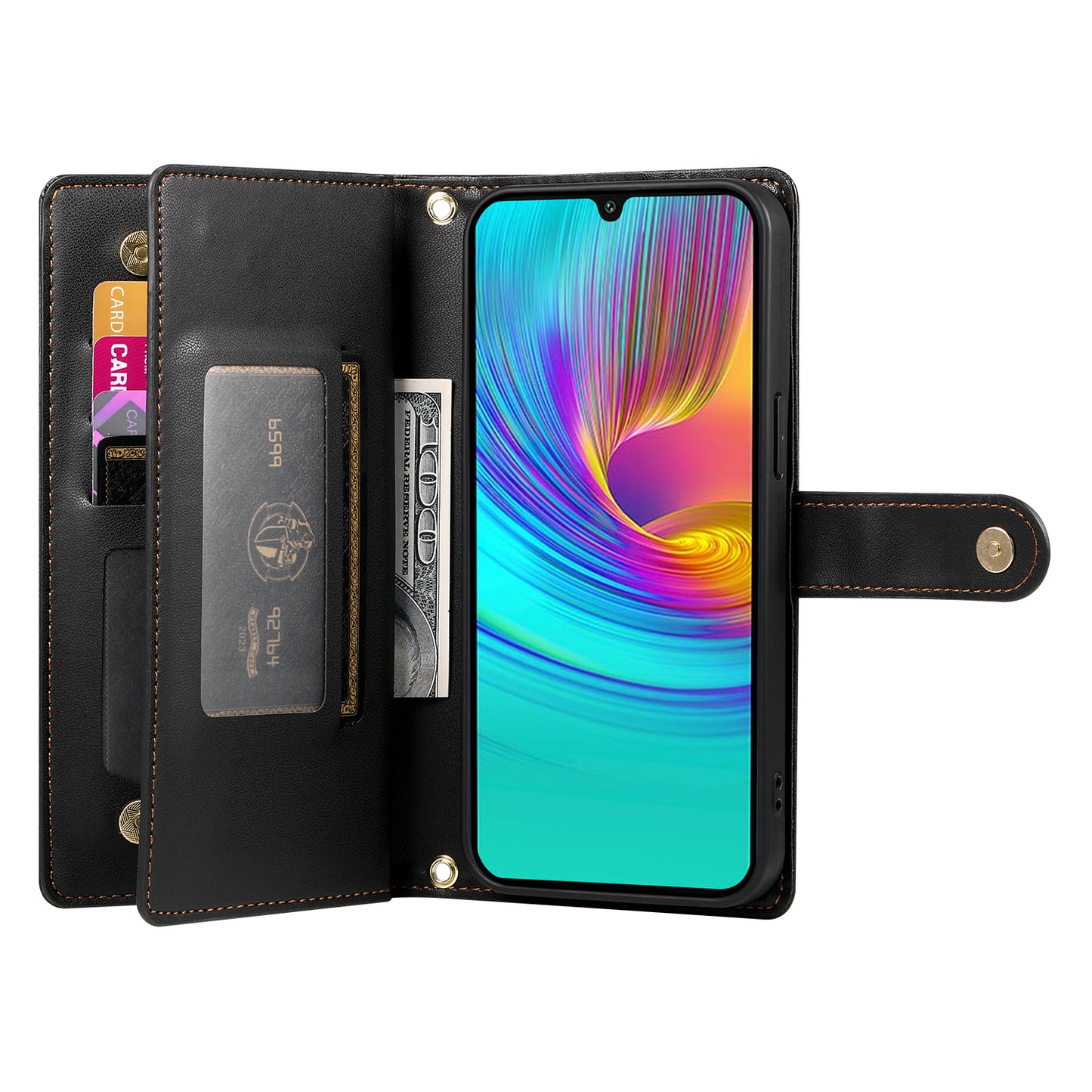 DF-011 For Samsung Galaxy A16 5G / A16 4G Case Zipper Pocket Wallet Leather Phone Cover with Straps - Black