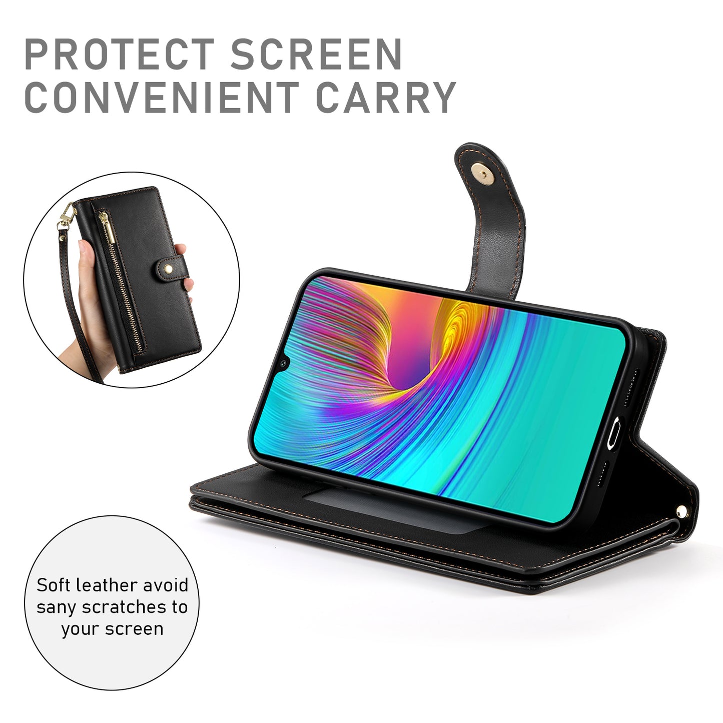 DF-011 For Samsung Galaxy A16 5G / A16 4G Case Zipper Pocket Wallet Leather Phone Cover with Straps - Black