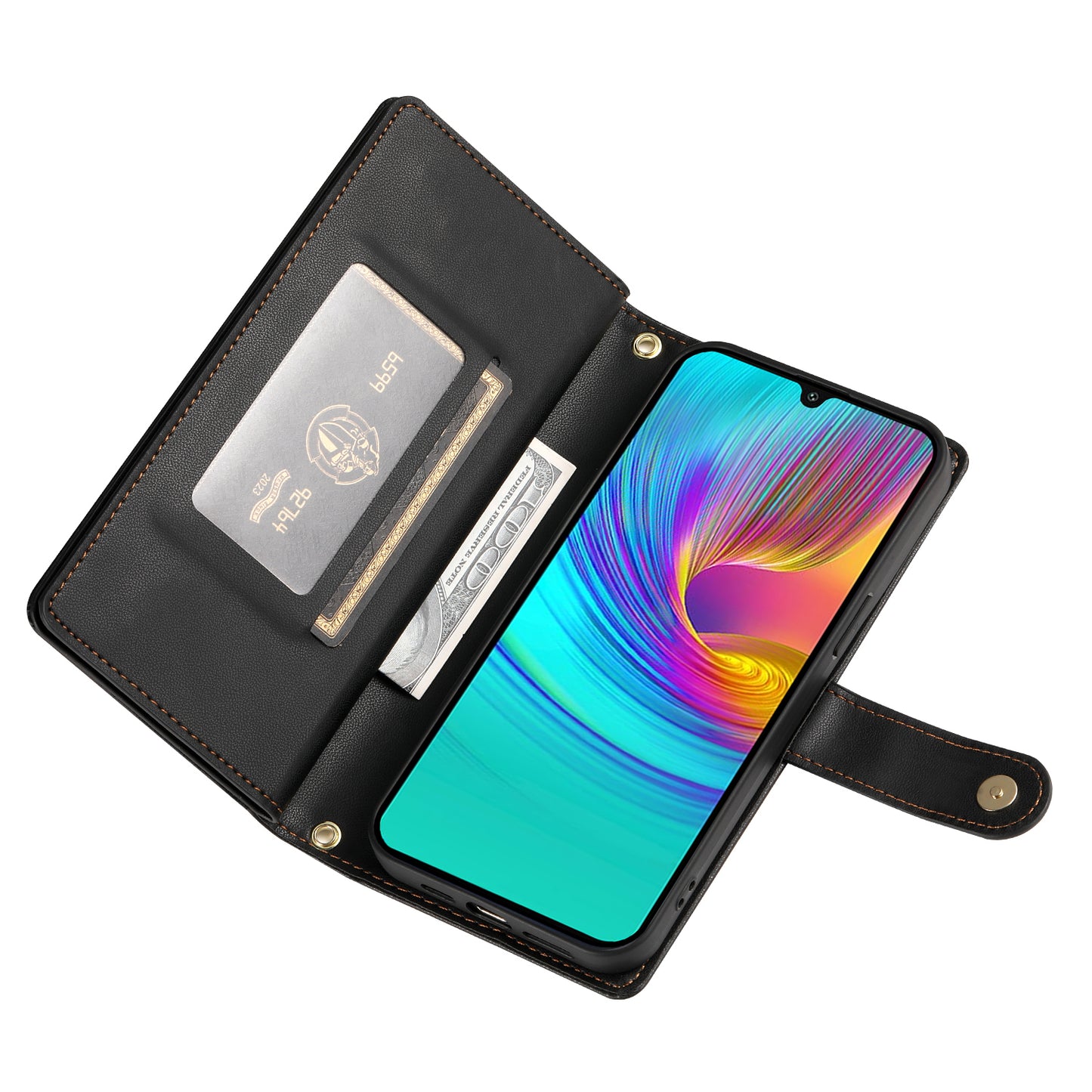 DF-011 For Samsung Galaxy A16 5G / A16 4G Case Zipper Pocket Wallet Leather Phone Cover with Straps - Black
