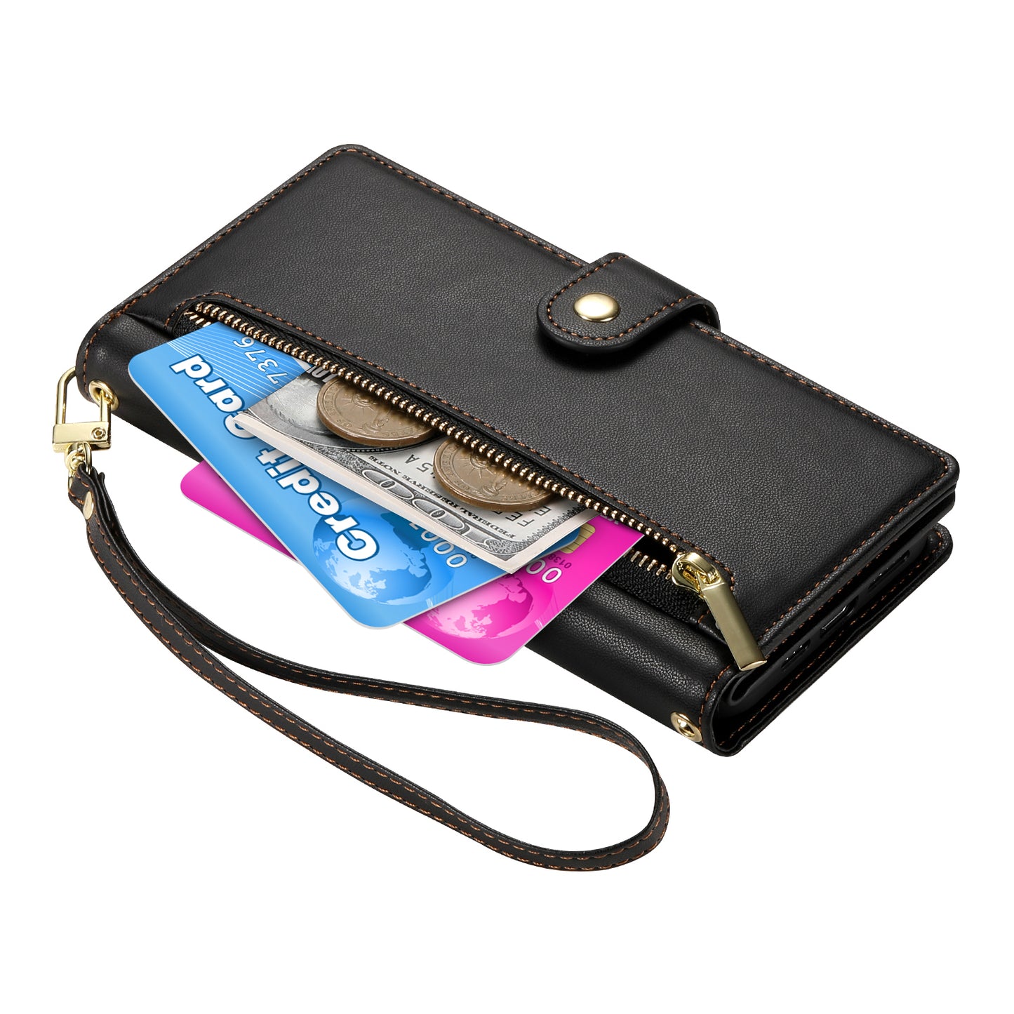 DF-011 For Samsung Galaxy A16 5G / A16 4G Case Zipper Pocket Wallet Leather Phone Cover with Straps - Black