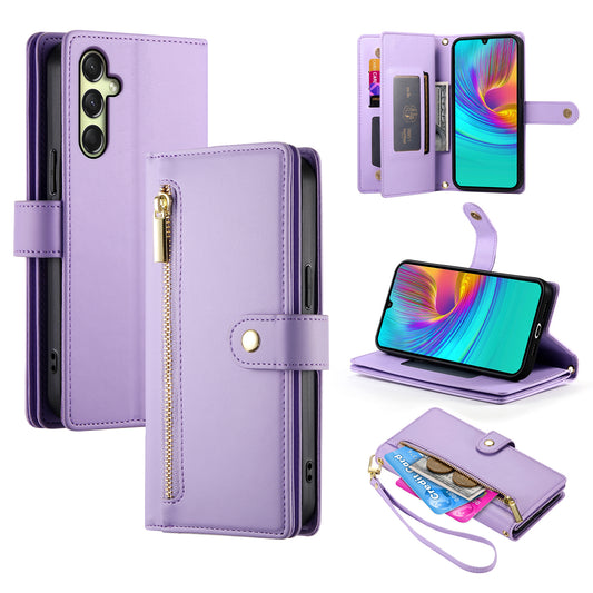 DF-011 For Samsung Galaxy A16 5G / A16 4G Case Zipper Pocket Wallet Leather Phone Cover with Straps - Purple