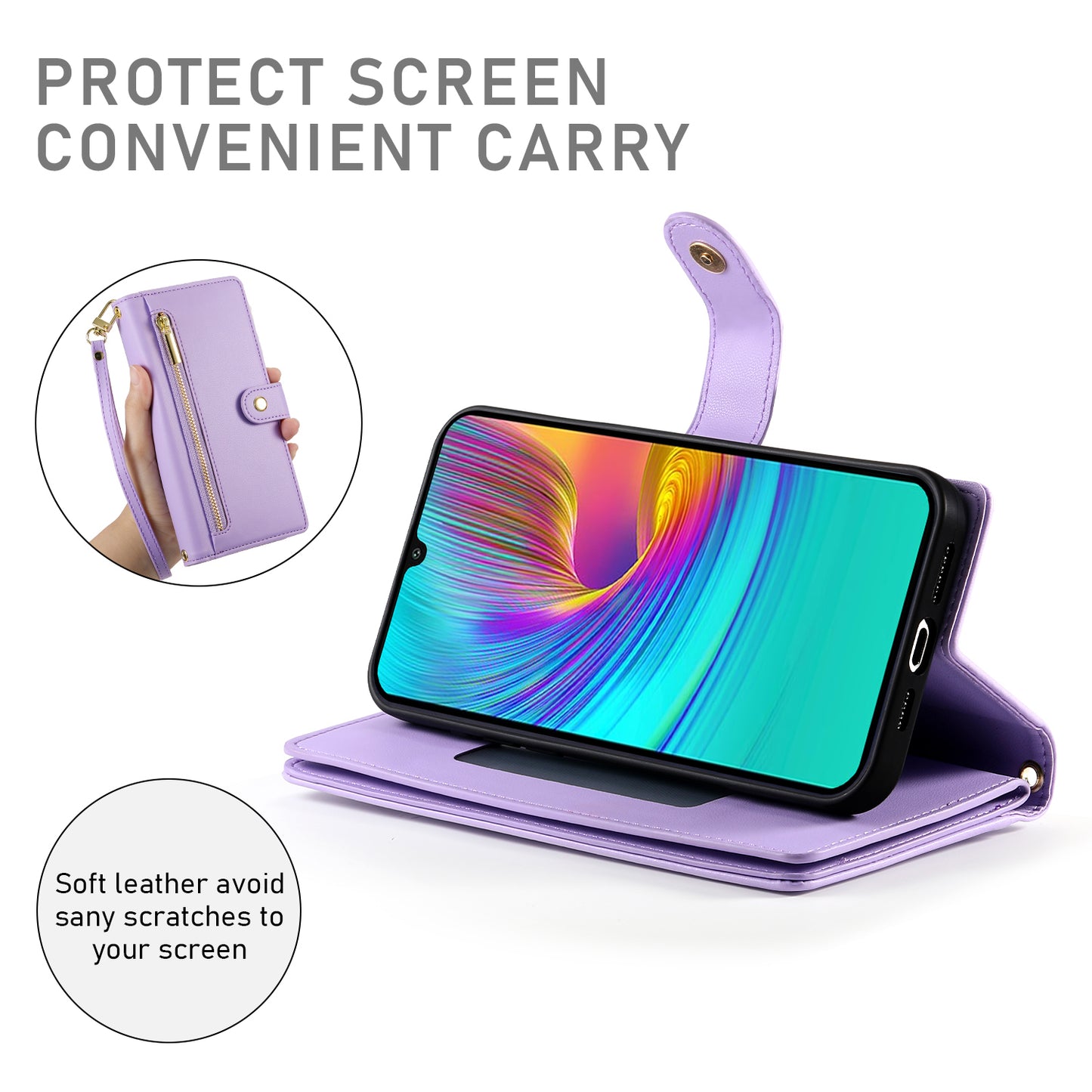 DF-011 For Samsung Galaxy A16 5G / A16 4G Case Zipper Pocket Wallet Leather Phone Cover with Straps - Purple