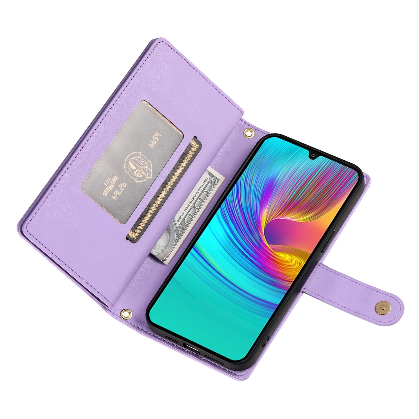 DF-011 For Samsung Galaxy A16 5G / A16 4G Case Zipper Pocket Wallet Leather Phone Cover with Straps - Purple