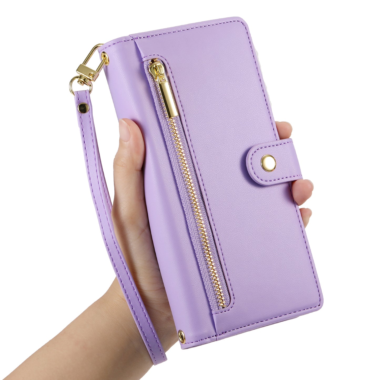 DF-011 For Samsung Galaxy A16 5G / A16 4G Case Zipper Pocket Wallet Leather Phone Cover with Straps - Purple