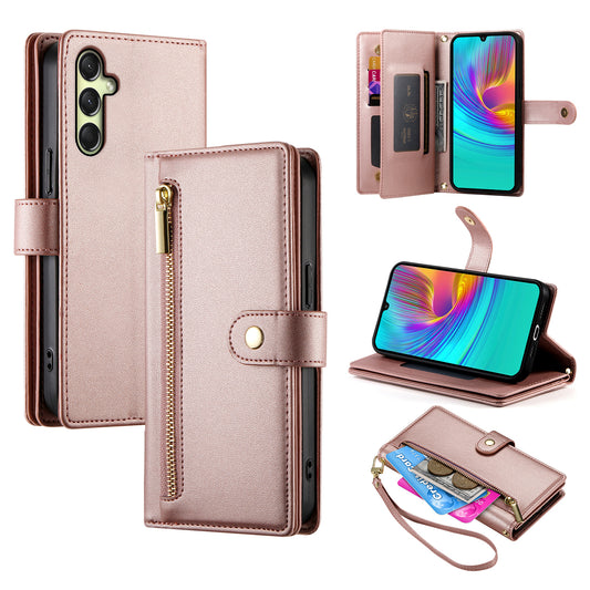 DF-011 For Samsung Galaxy A16 5G / A16 4G Case Zipper Pocket Wallet Leather Phone Cover with Straps - Pink