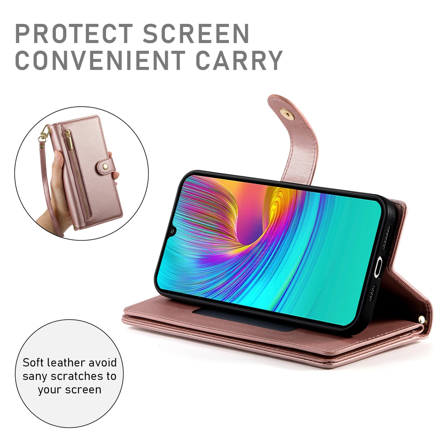 DF-011 For Samsung Galaxy A16 5G / A16 4G Case Zipper Pocket Wallet Leather Phone Cover with Straps - Pink