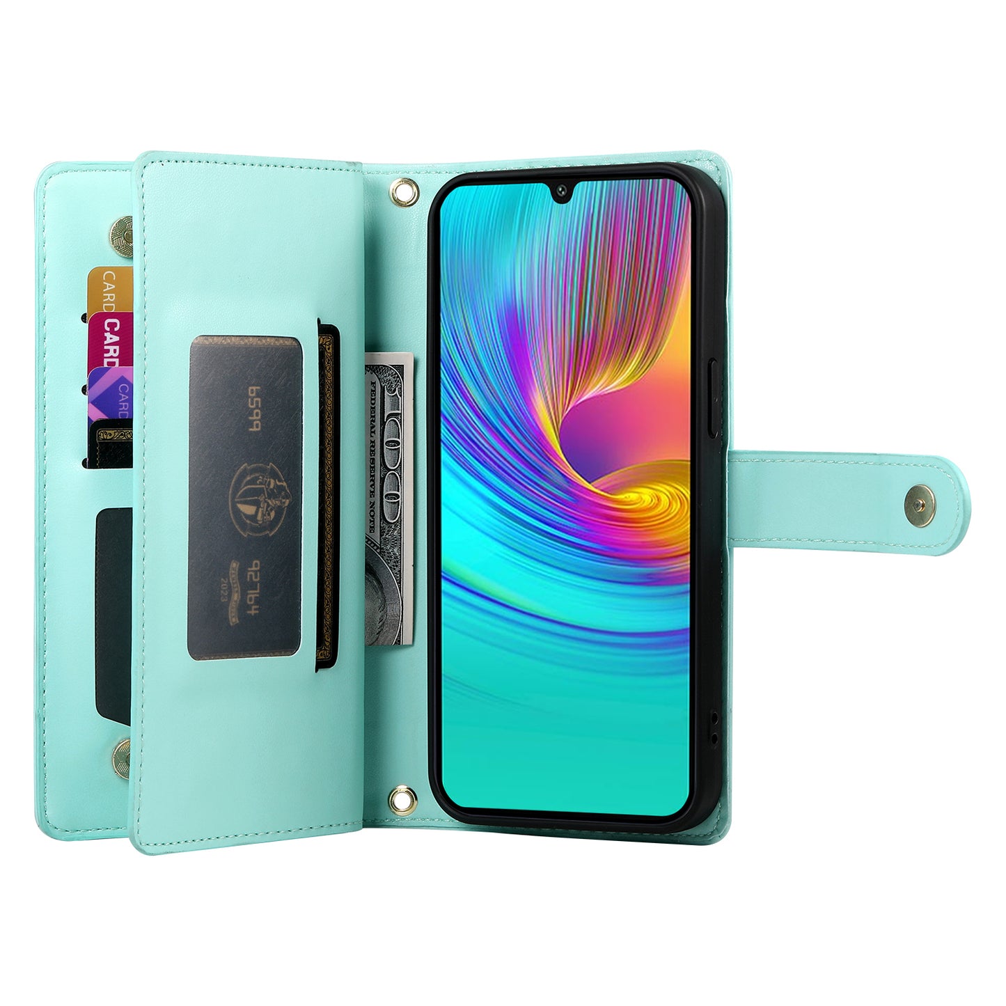 DF-011 For Samsung Galaxy A16 5G / A16 4G Case Zipper Pocket Wallet Leather Phone Cover with Straps - Mint Green