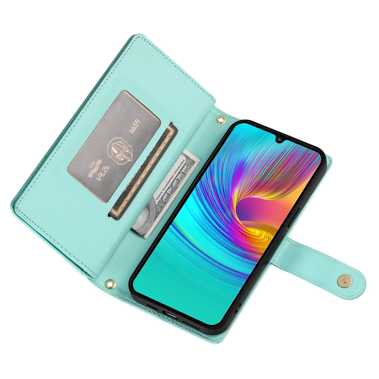DF-011 For Samsung Galaxy A16 5G / A16 4G Case Zipper Pocket Wallet Leather Phone Cover with Straps - Mint Green