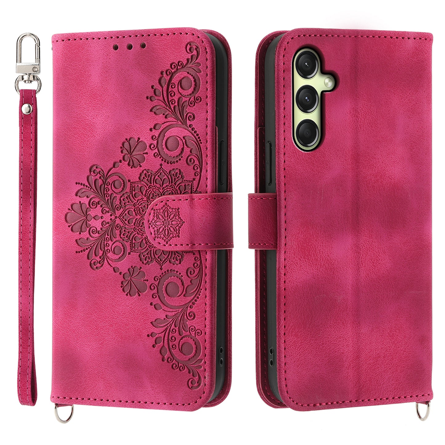 For Samsung Galaxy A16 5G / A16 4G Case Flower Pattern PU Leather Wallet Phone Cover with Strap - Wine Red
