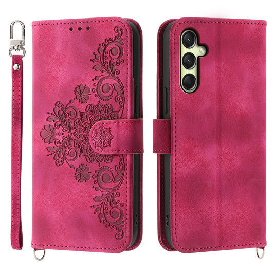 For Samsung Galaxy A16 5G / A16 4G Case Flower Pattern PU Leather Wallet Phone Cover with Strap - Wine Red