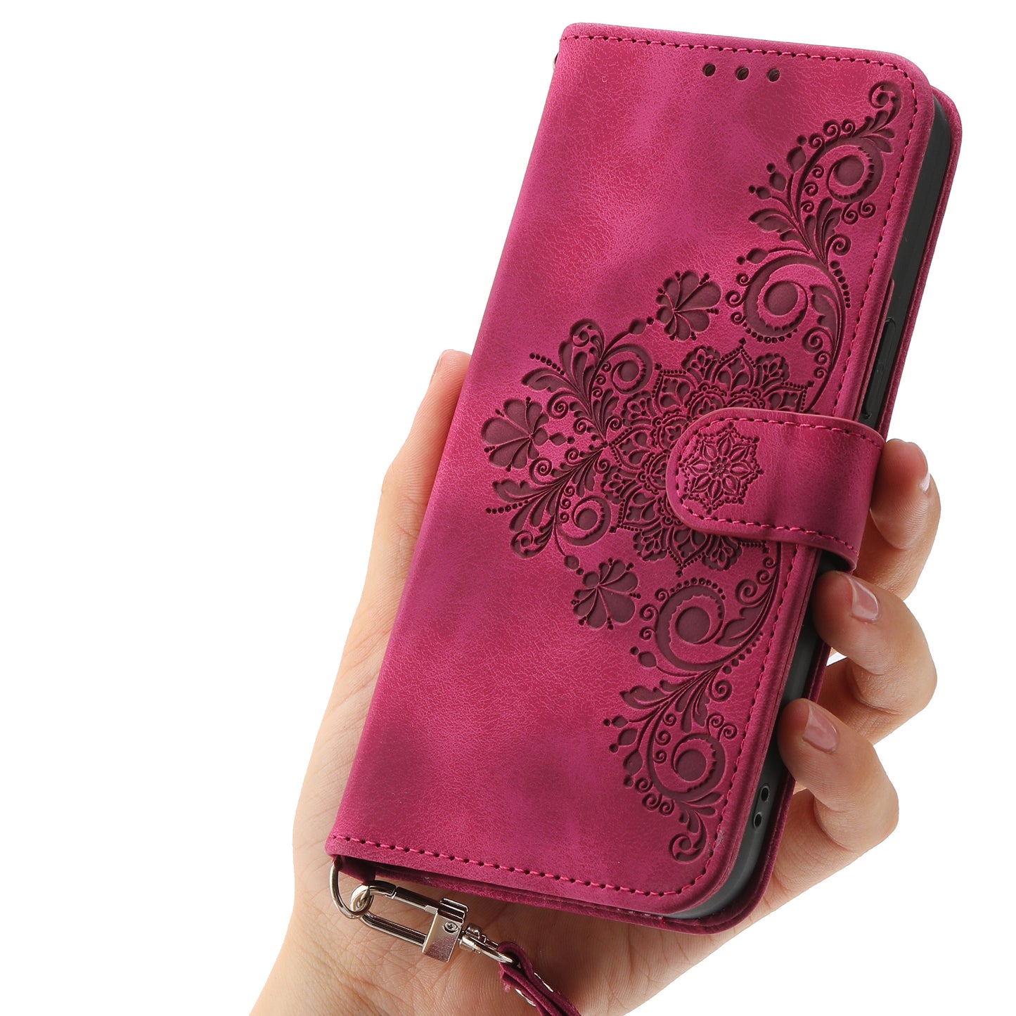 For Samsung Galaxy A16 5G / A16 4G Case Flower Pattern PU Leather Wallet Phone Cover with Strap - Wine Red