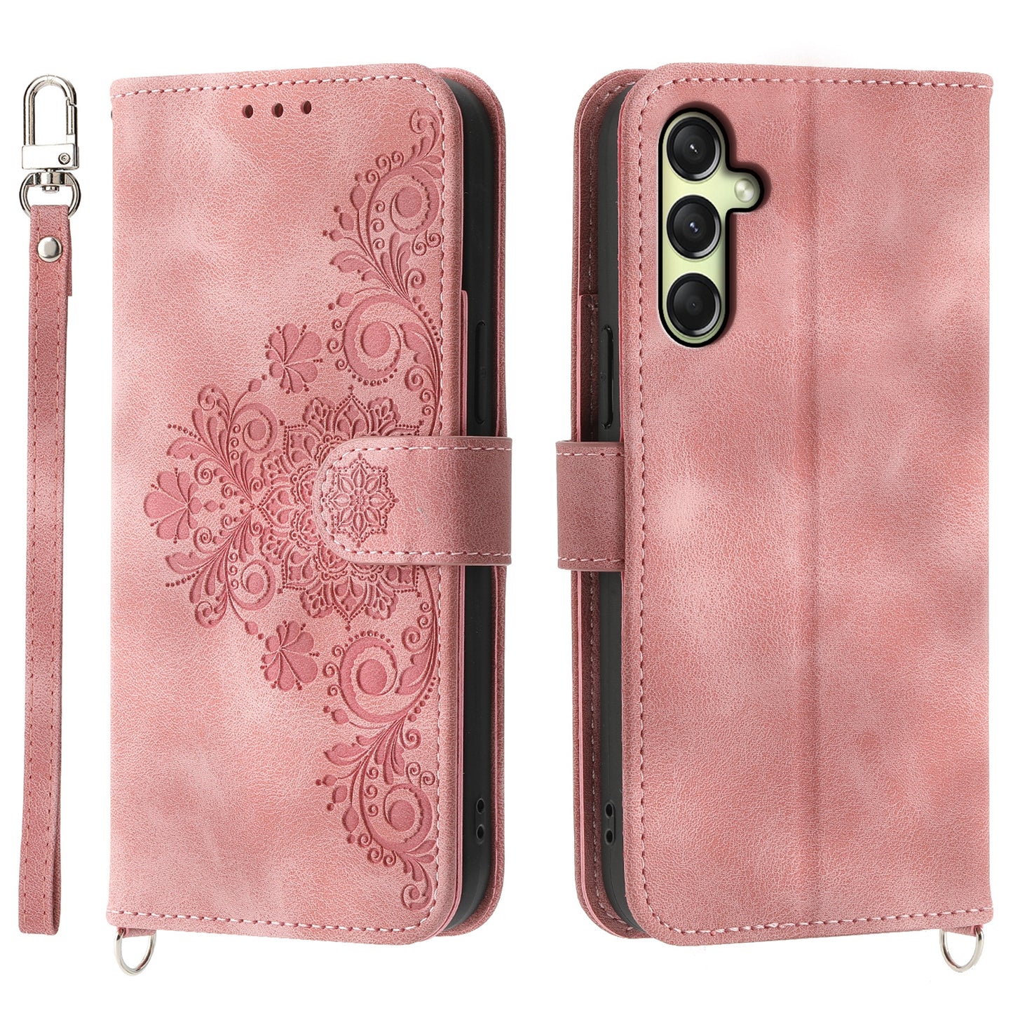 For Samsung Galaxy A16 5G / A16 4G Case Flower Pattern PU Leather Wallet Phone Cover with Strap - Pink