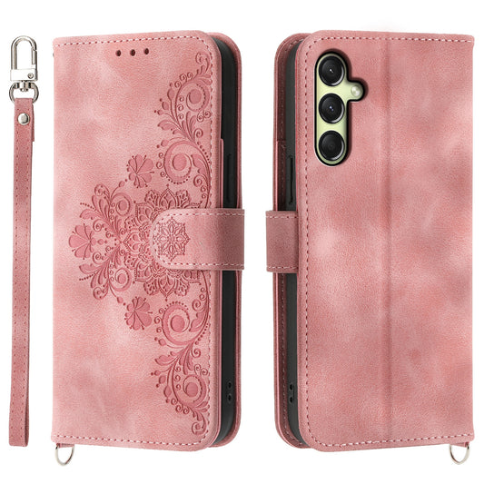 For Samsung Galaxy A16 5G / A16 4G Case Flower Pattern PU Leather Wallet Phone Cover with Strap - Pink