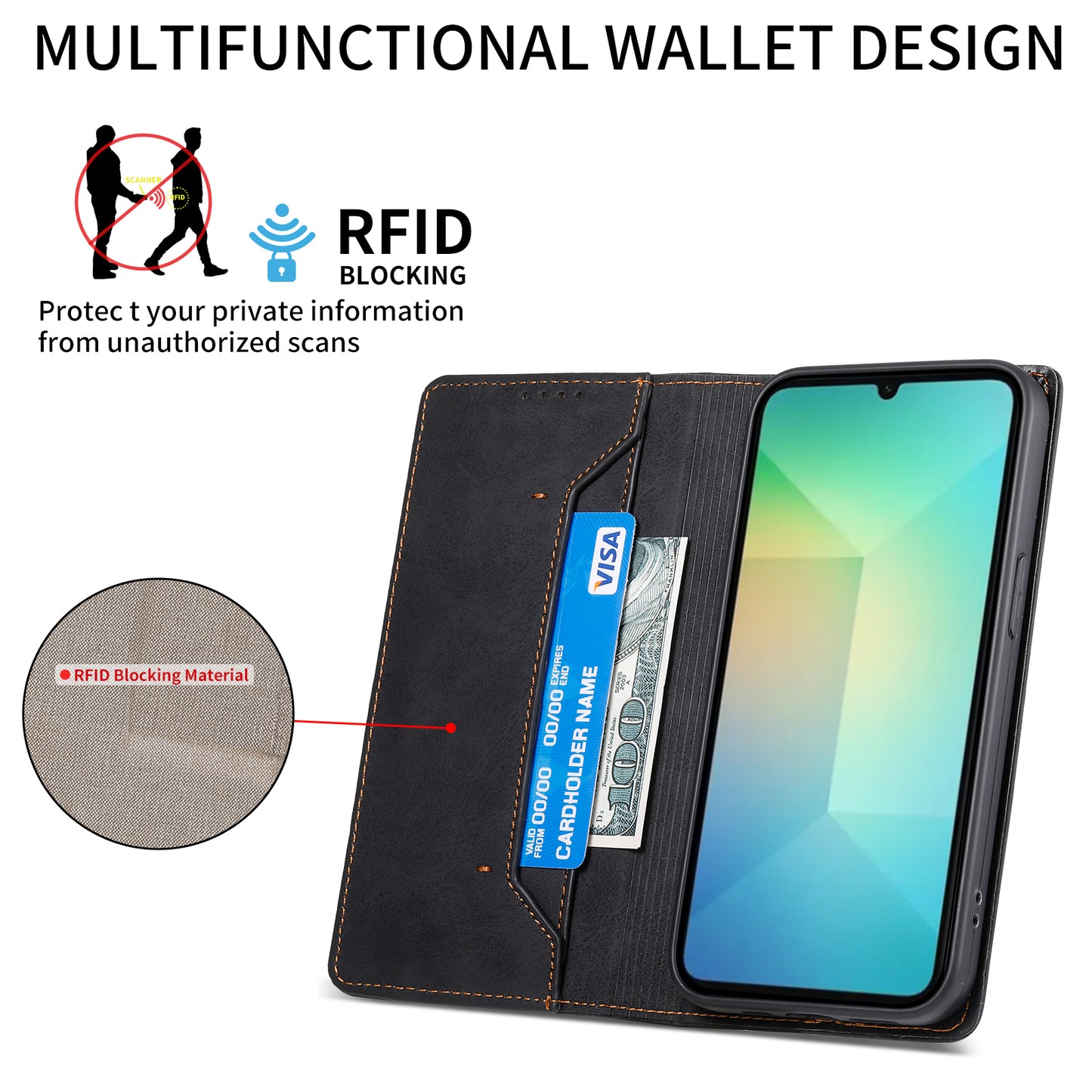 DF-05 For Samsung Galaxy A06 Wallet Case RFID Blocking PU Leather Phone Cover - Black