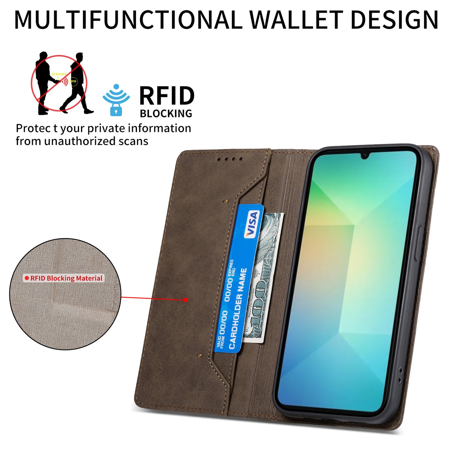 DF-05 For Samsung Galaxy A06 Wallet Case RFID Blocking PU Leather Phone Cover - Brown