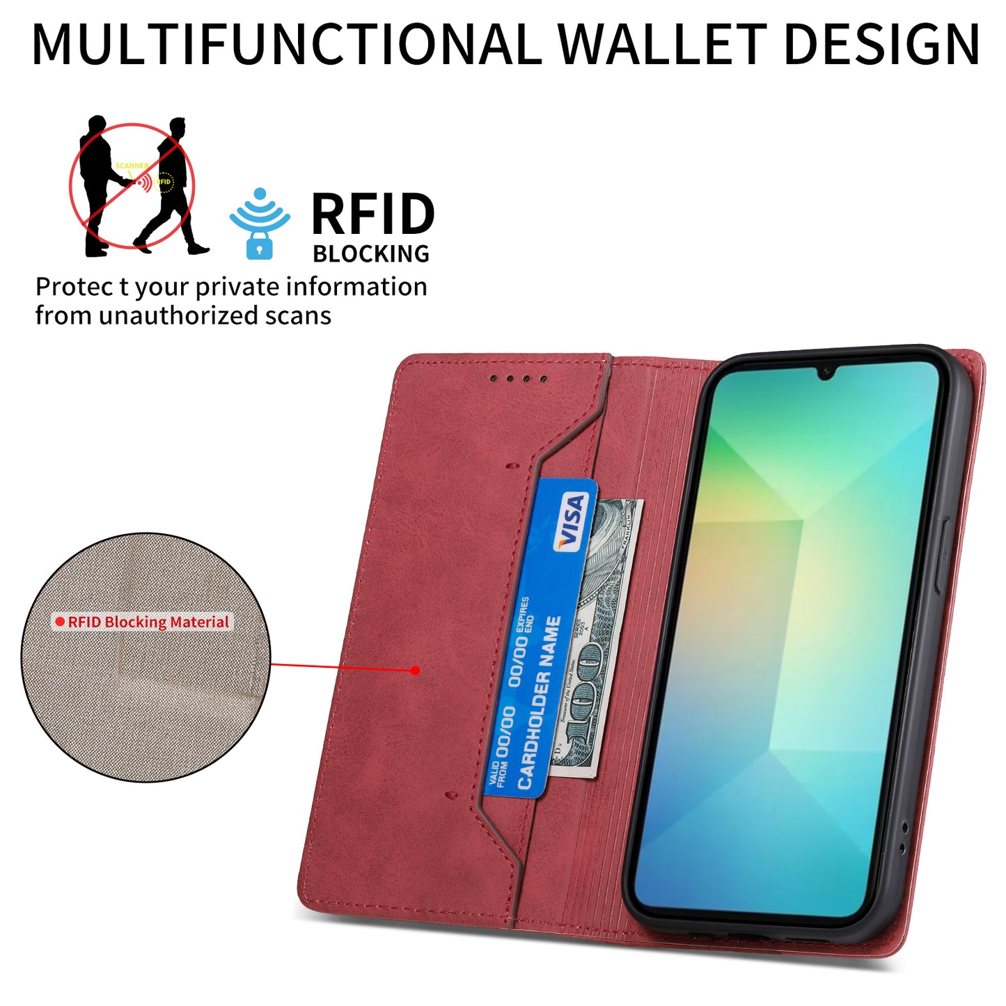 DF-05 For Samsung Galaxy A06 Wallet Case RFID Blocking PU Leather Phone Cover - Red