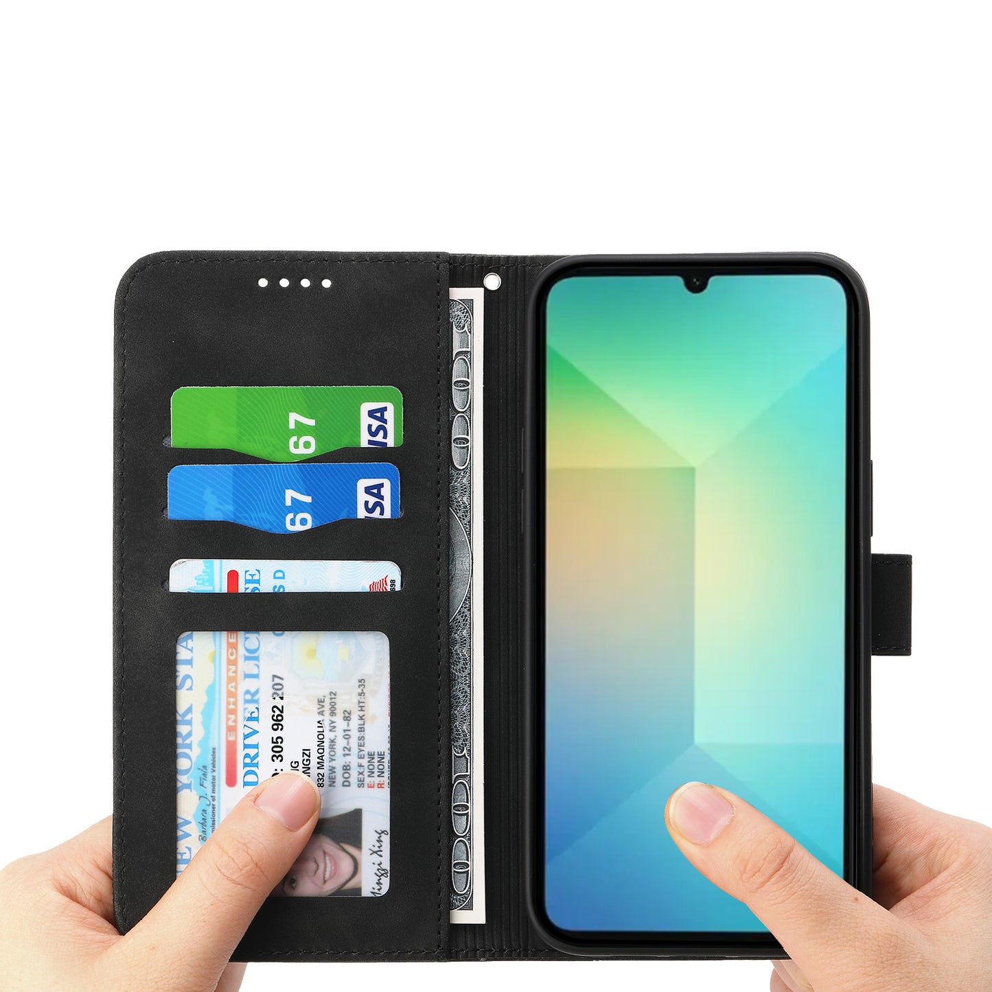 DIERFENG DF-03 For Samsung Galaxy A06 Leather Case Lines Imprint Wallet Phone Cover - Black