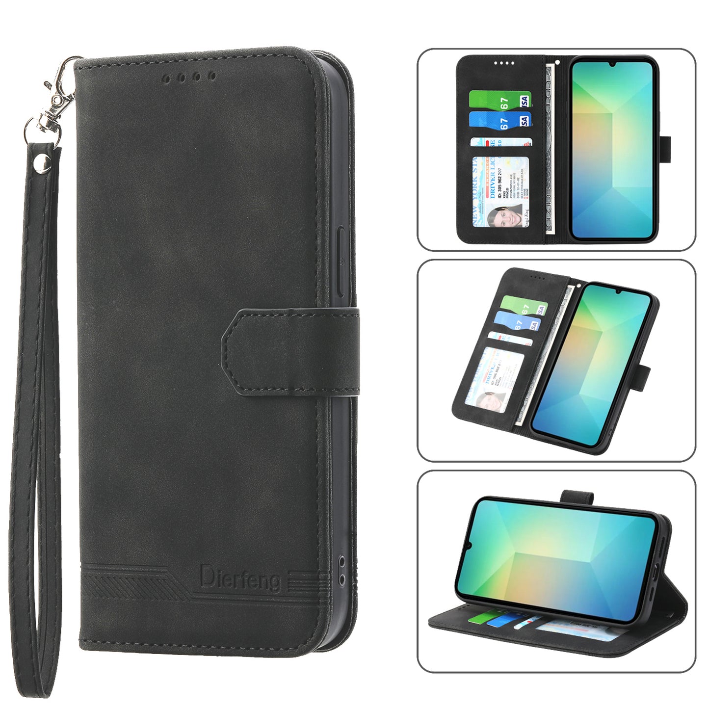 DIERFENG DF-03 For Samsung Galaxy A06 Leather Case Lines Imprint Wallet Phone Cover - Black