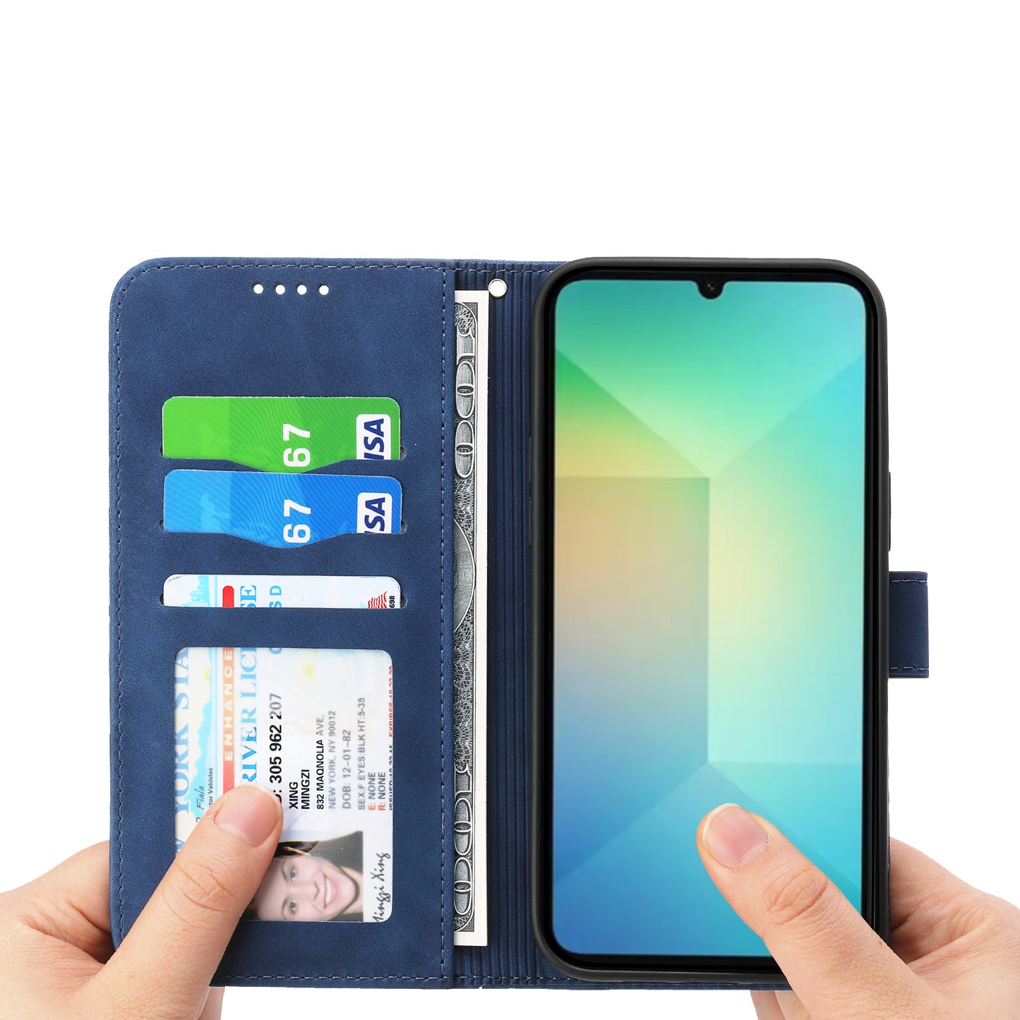 DIERFENG DF-03 For Samsung Galaxy A06 Leather Case Lines Imprint Wallet Phone Cover - Blue