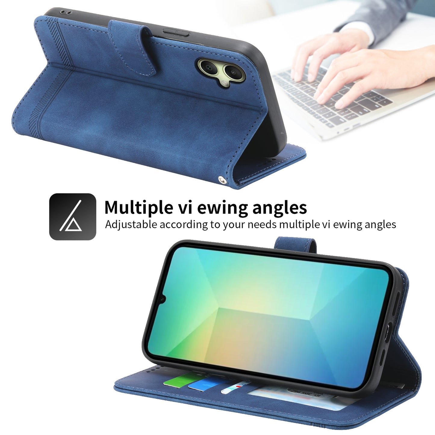 DIERFENG DF-03 For Samsung Galaxy A06 Leather Case Lines Imprint Wallet Phone Cover - Blue