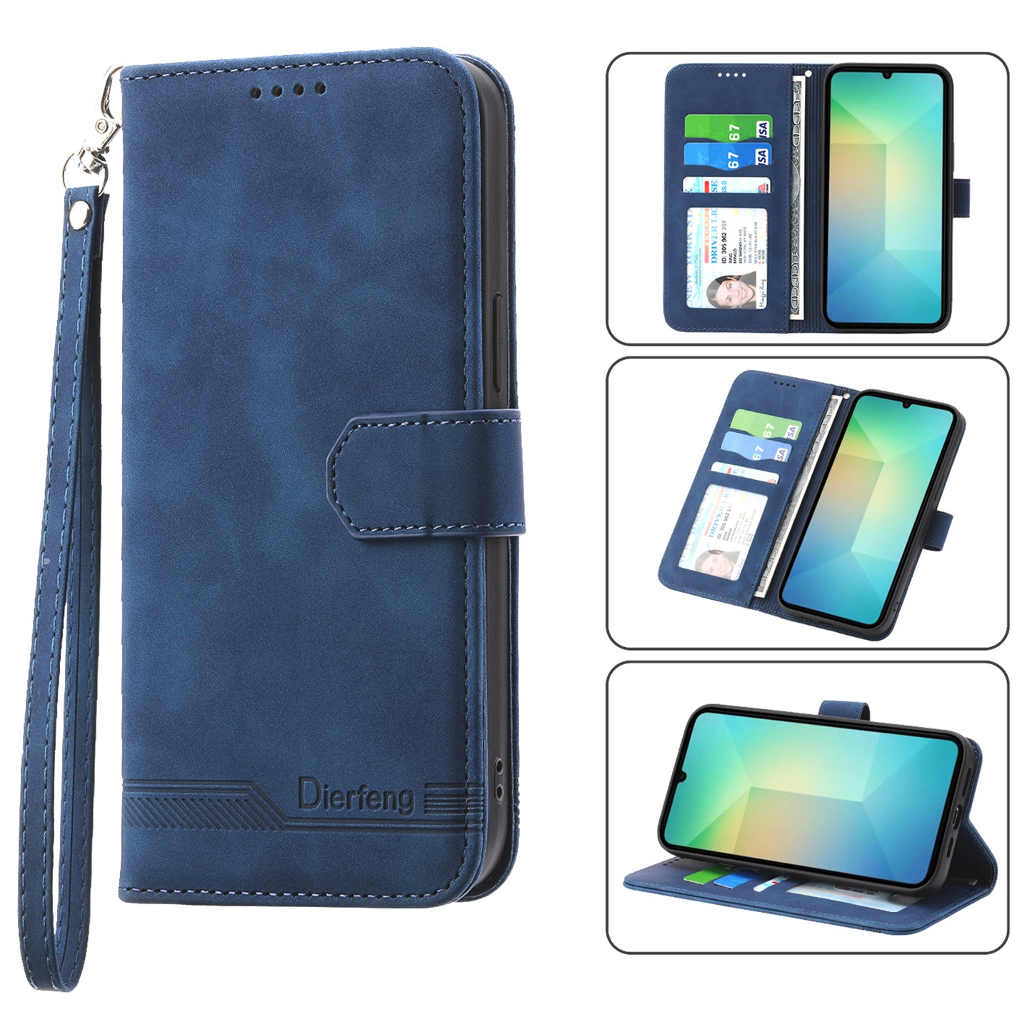DIERFENG DF-03 For Samsung Galaxy A06 Leather Case Lines Imprint Wallet Phone Cover - Blue