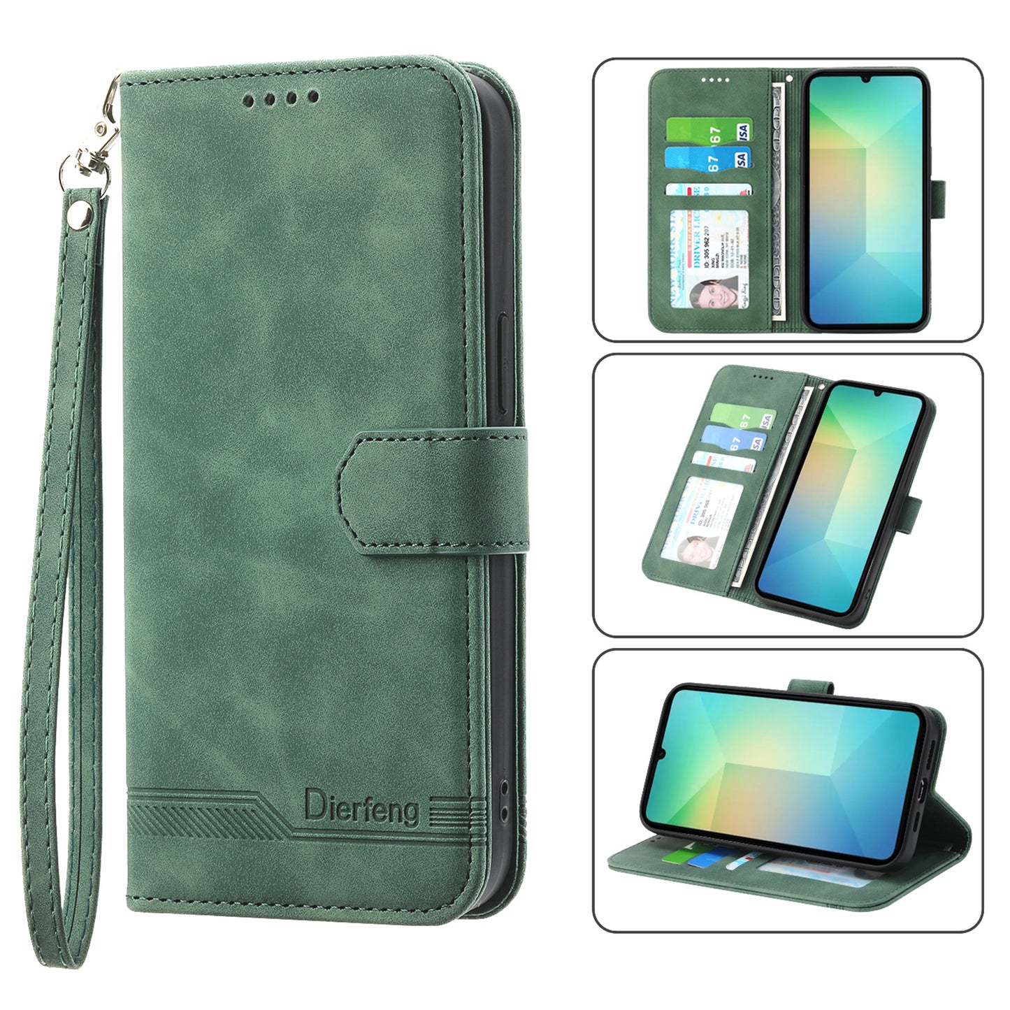 DIERFENG DF-03 For Samsung Galaxy A06 Leather Case Lines Imprint Wallet Phone Cover - Green