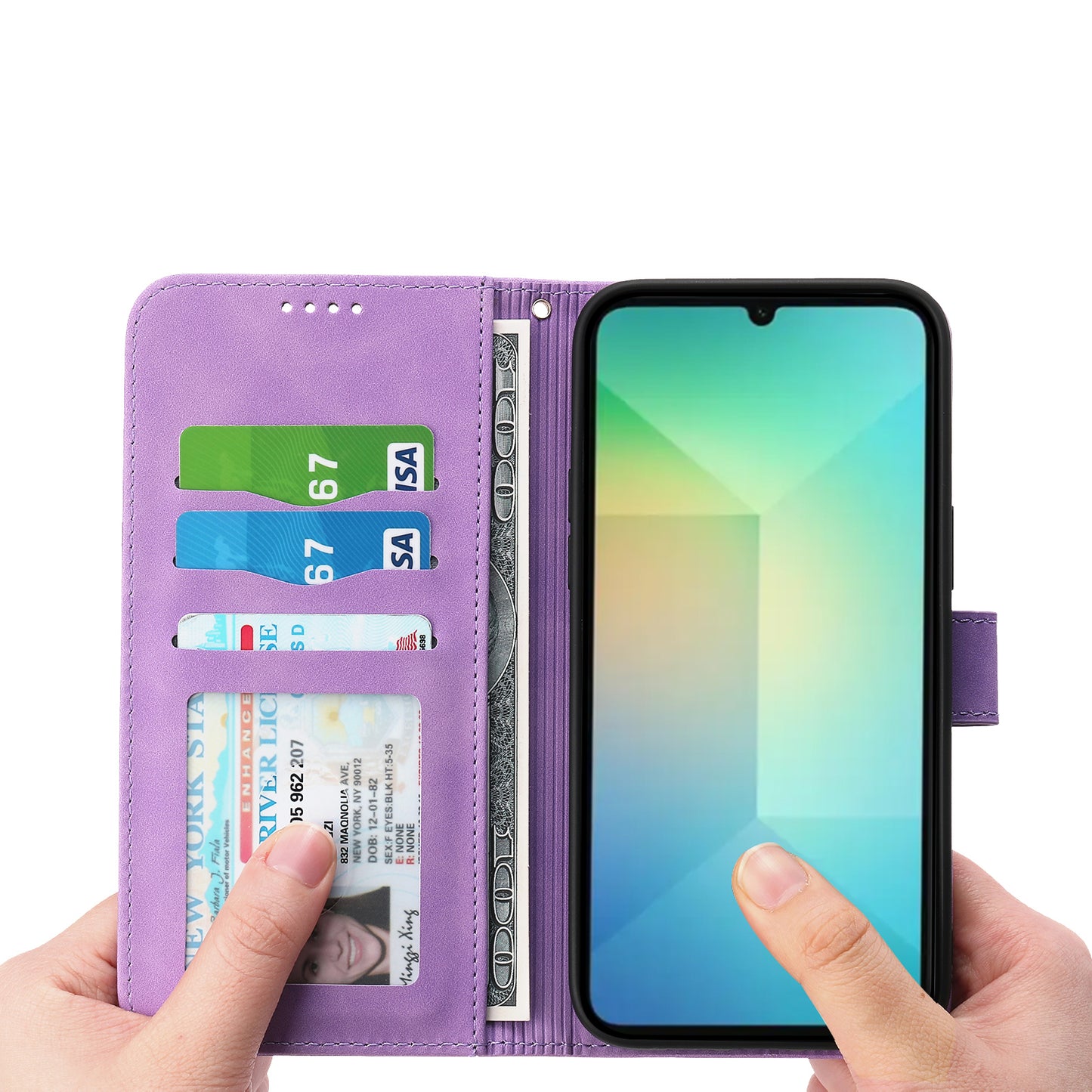 DIERFENG DF-03 For Samsung Galaxy A06 Leather Case Lines Imprint Wallet Phone Cover - Purple