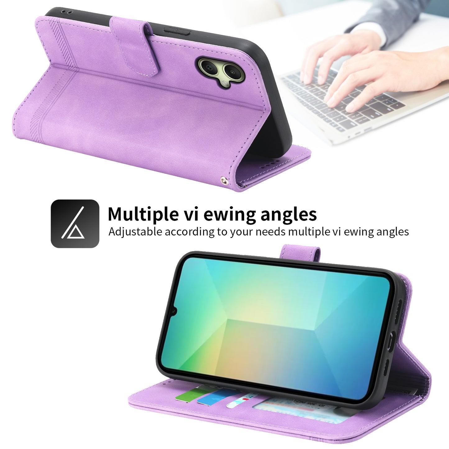 DIERFENG DF-03 For Samsung Galaxy A06 Leather Case Lines Imprint Wallet Phone Cover - Purple