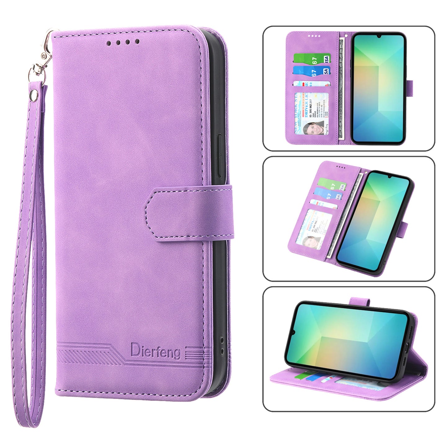 DIERFENG DF-03 For Samsung Galaxy A06 Leather Case Lines Imprint Wallet Phone Cover - Purple