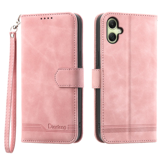 DIERFENG DF-03 For Samsung Galaxy A06 Leather Case Lines Imprint Wallet Phone Cover - Pink