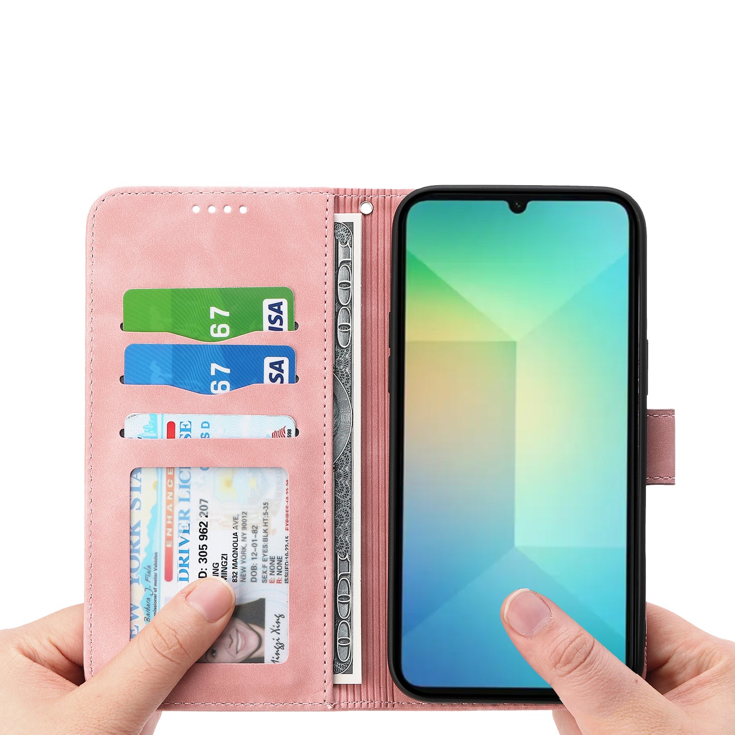 DIERFENG DF-03 For Samsung Galaxy A06 Leather Case Lines Imprint Wallet Phone Cover - Pink