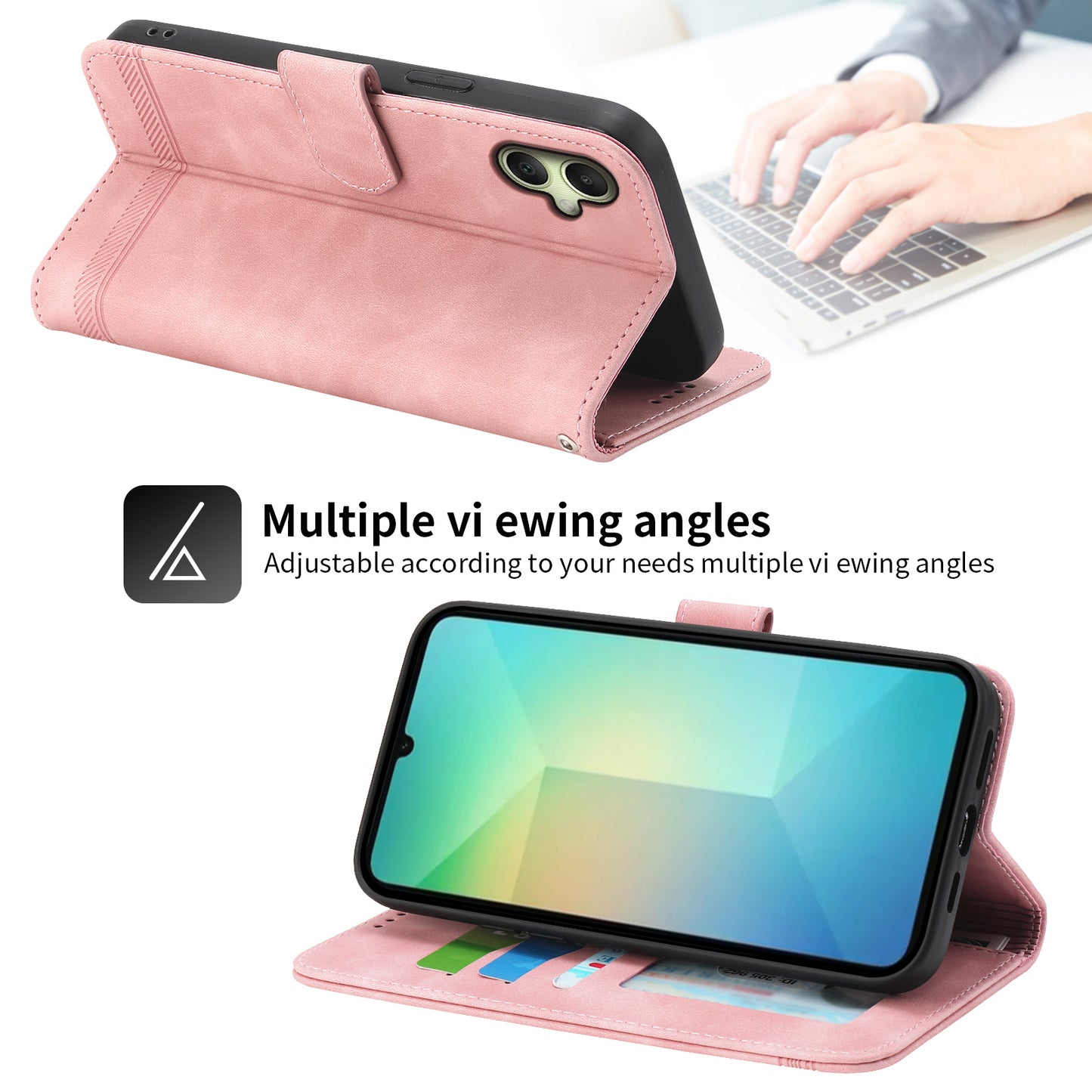 DIERFENG DF-03 For Samsung Galaxy A06 Leather Case Lines Imprint Wallet Phone Cover - Pink
