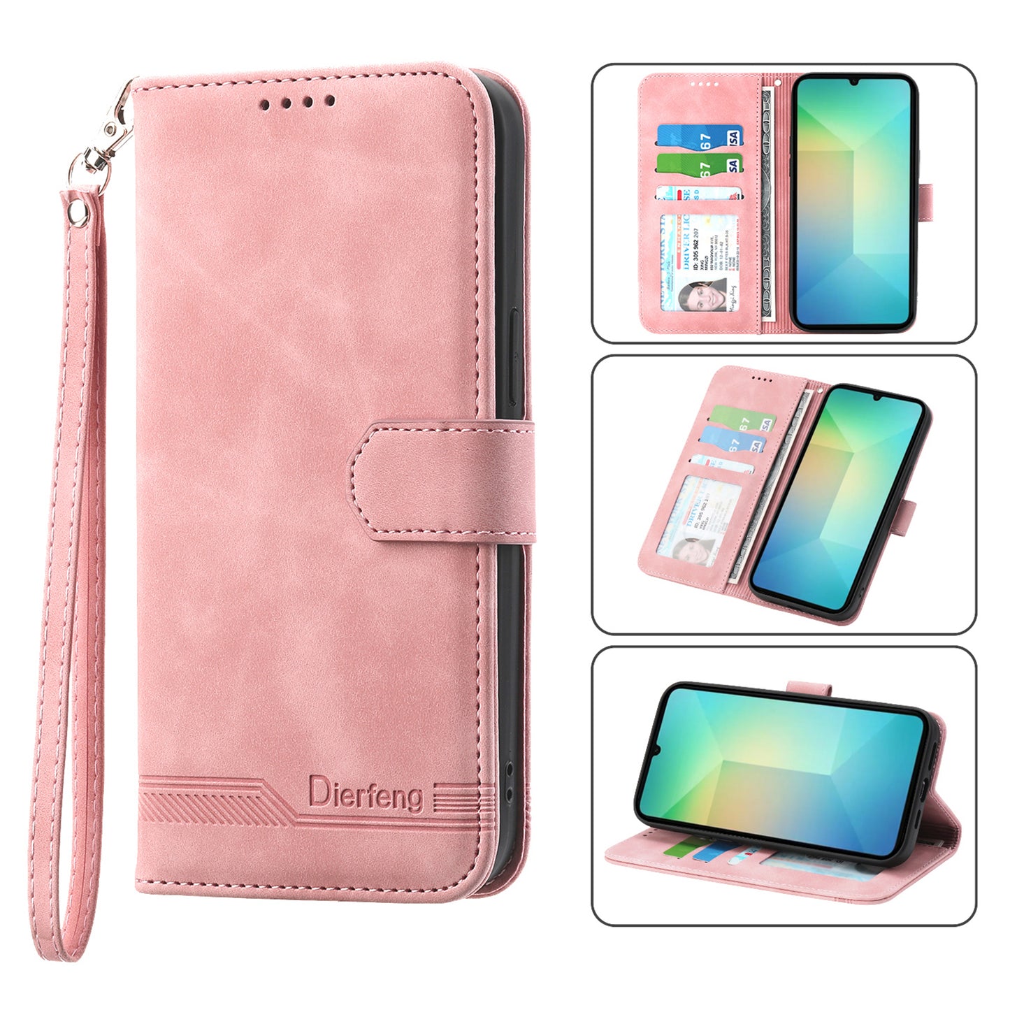 DIERFENG DF-03 For Samsung Galaxy A06 Leather Case Lines Imprint Wallet Phone Cover - Pink