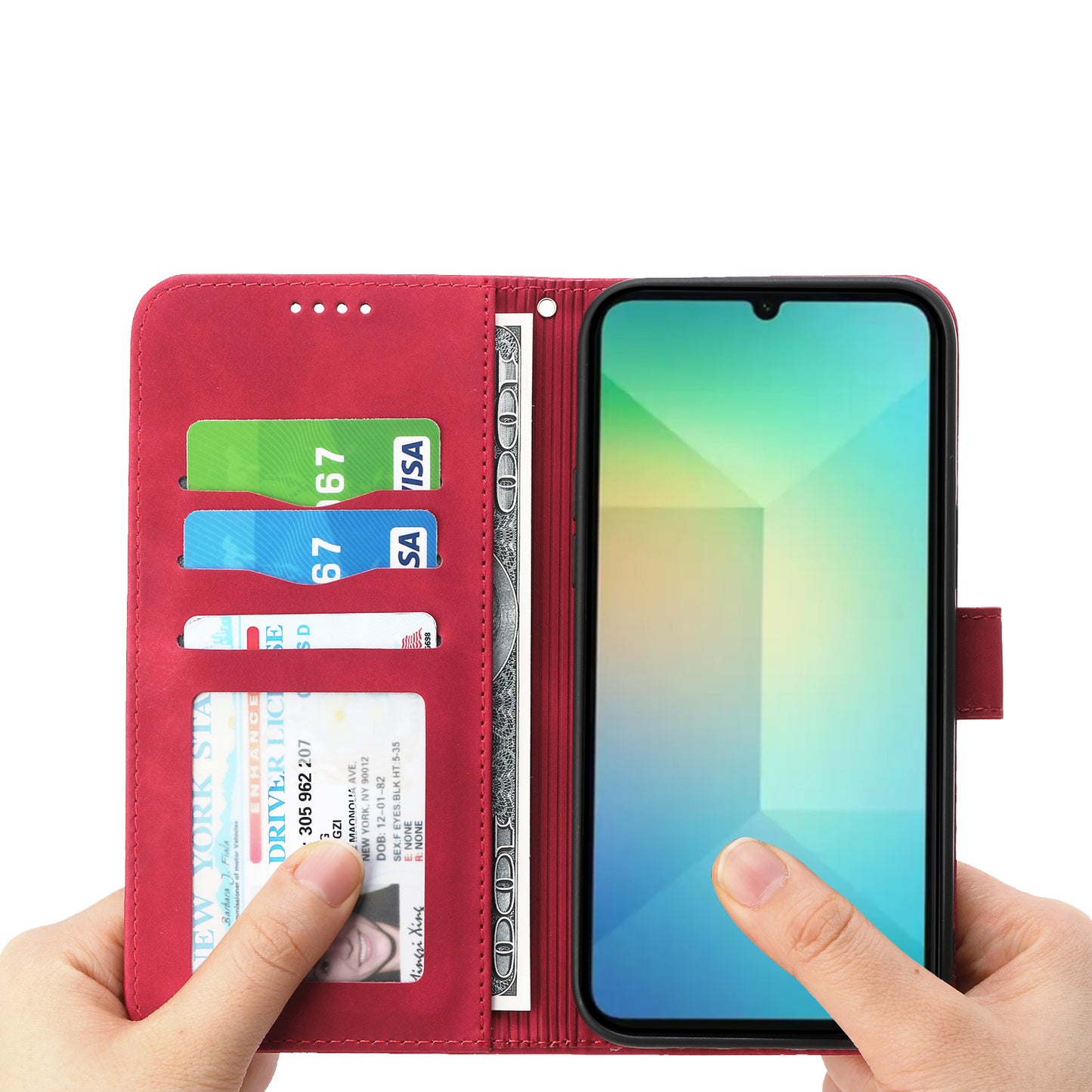 DIERFENG DF-03 For Samsung Galaxy A06 Leather Case Lines Imprint Wallet Phone Cover - Red