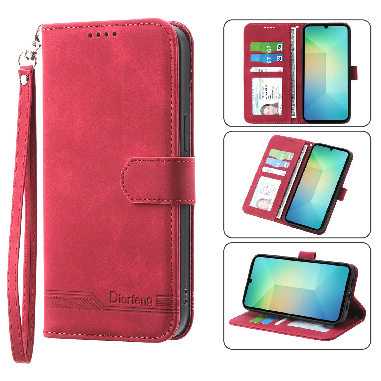 DIERFENG DF-03 For Samsung Galaxy A06 Leather Case Lines Imprint Wallet Phone Cover - Red