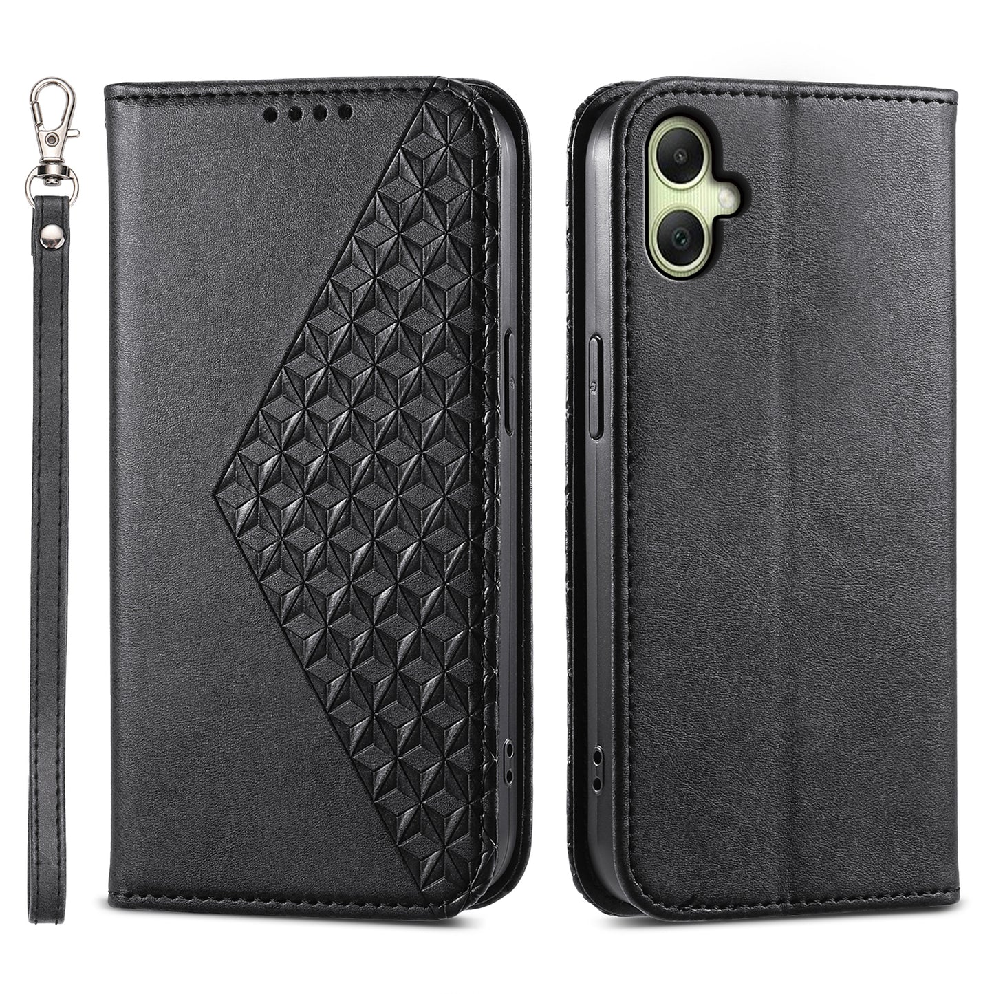 For Samsung Galaxy A06 Case Calf Texture PU Leather Phone Cover with Wallet - Black