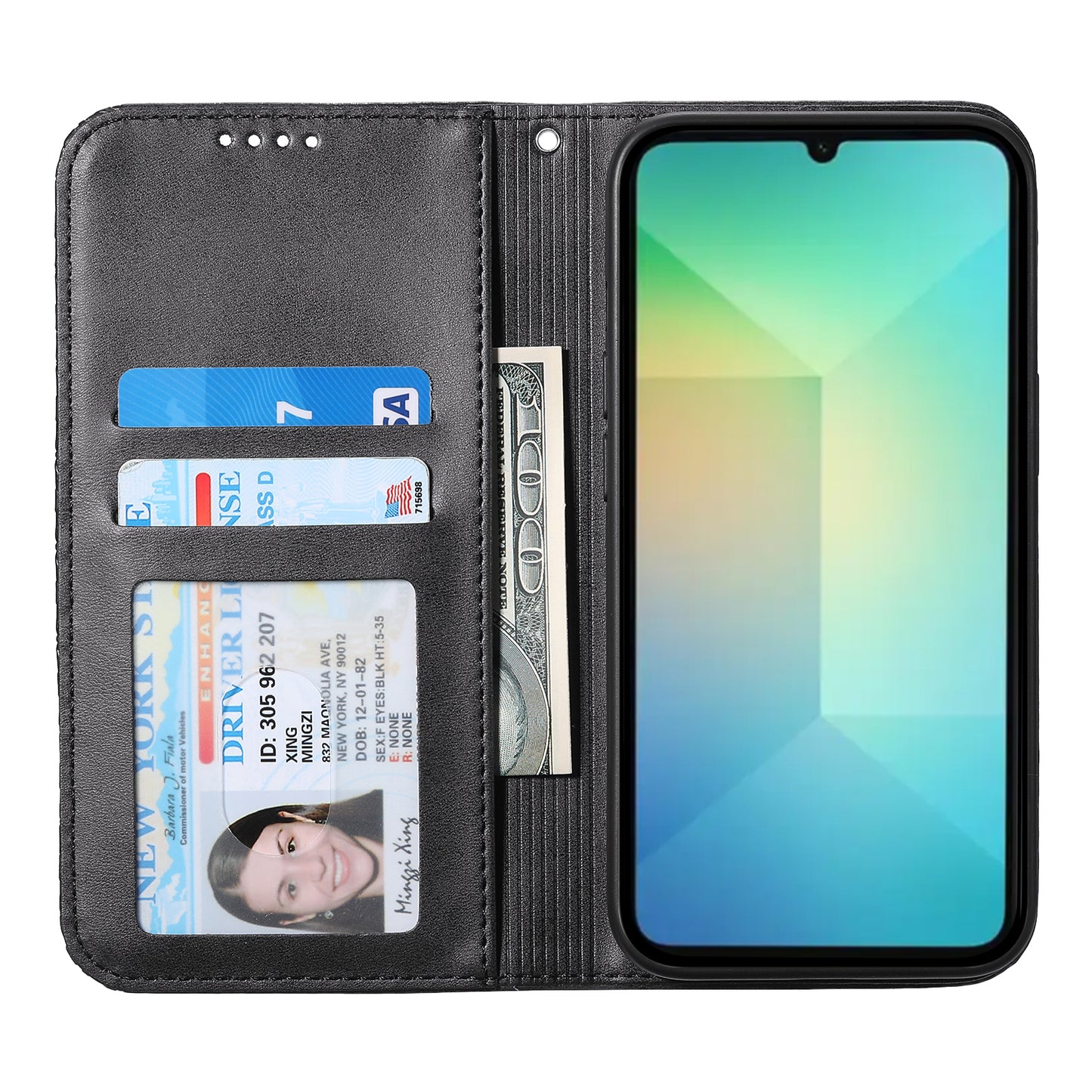 For Samsung Galaxy A06 Case Calf Texture PU Leather Phone Cover with Wallet - Black