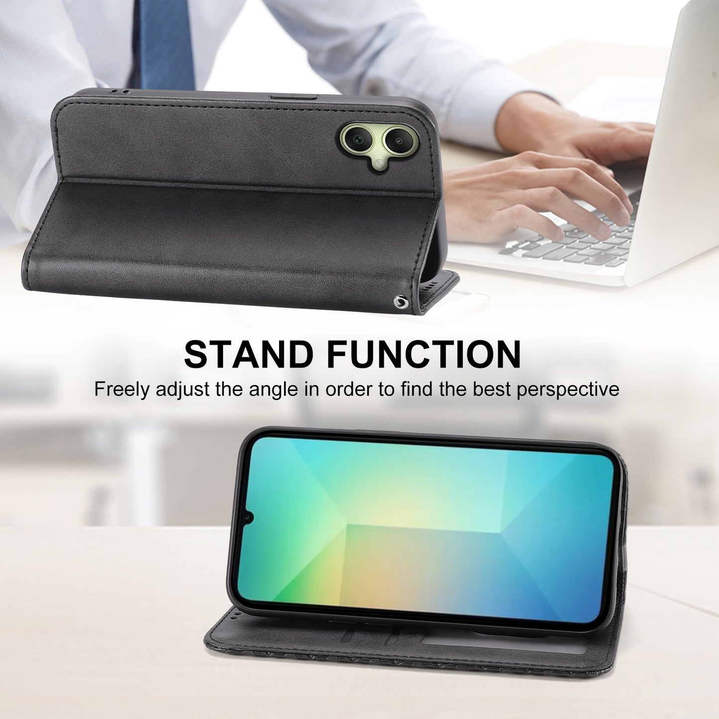 For Samsung Galaxy A06 Case Calf Texture PU Leather Phone Cover with Wallet - Black