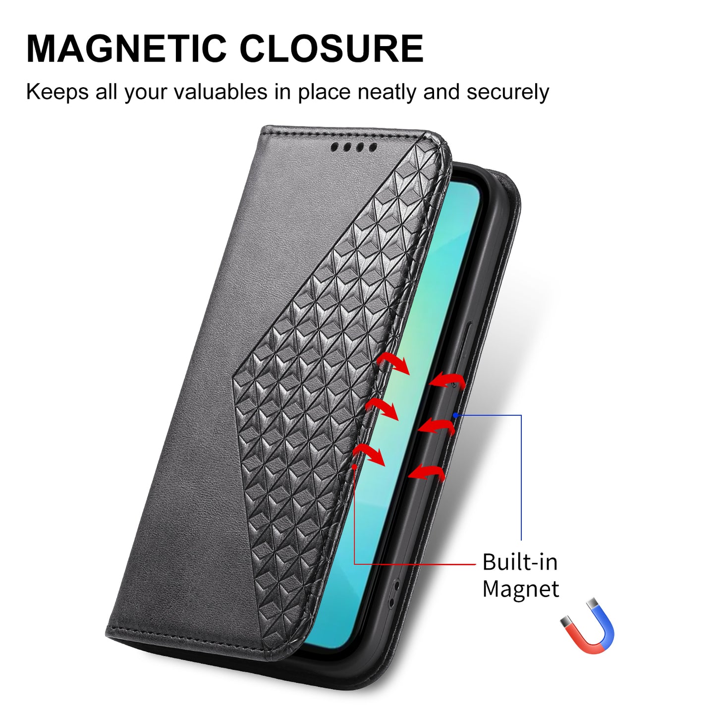 For Samsung Galaxy A06 Case Calf Texture PU Leather Phone Cover with Wallet - Black
