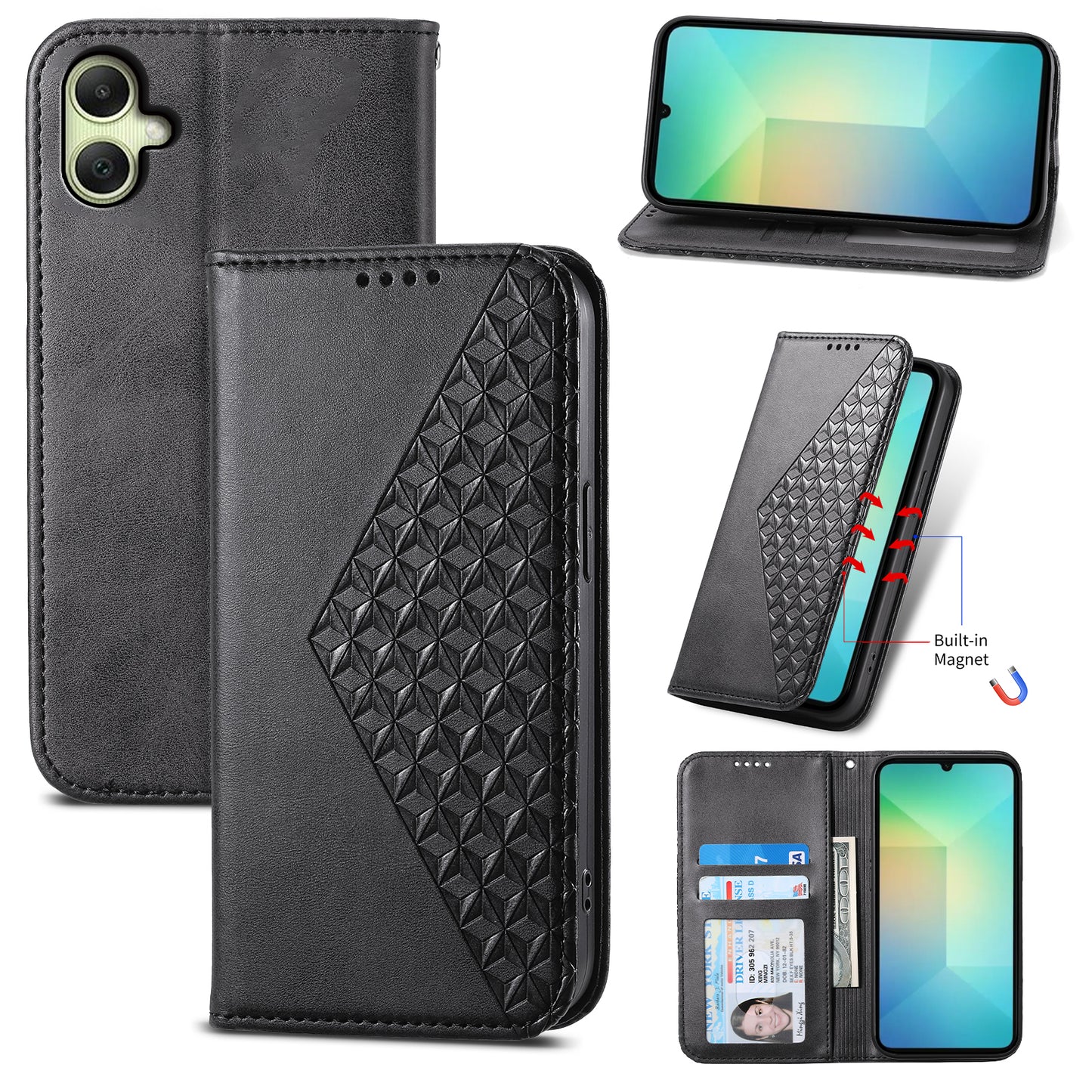 For Samsung Galaxy A06 Case Calf Texture PU Leather Phone Cover with Wallet - Black