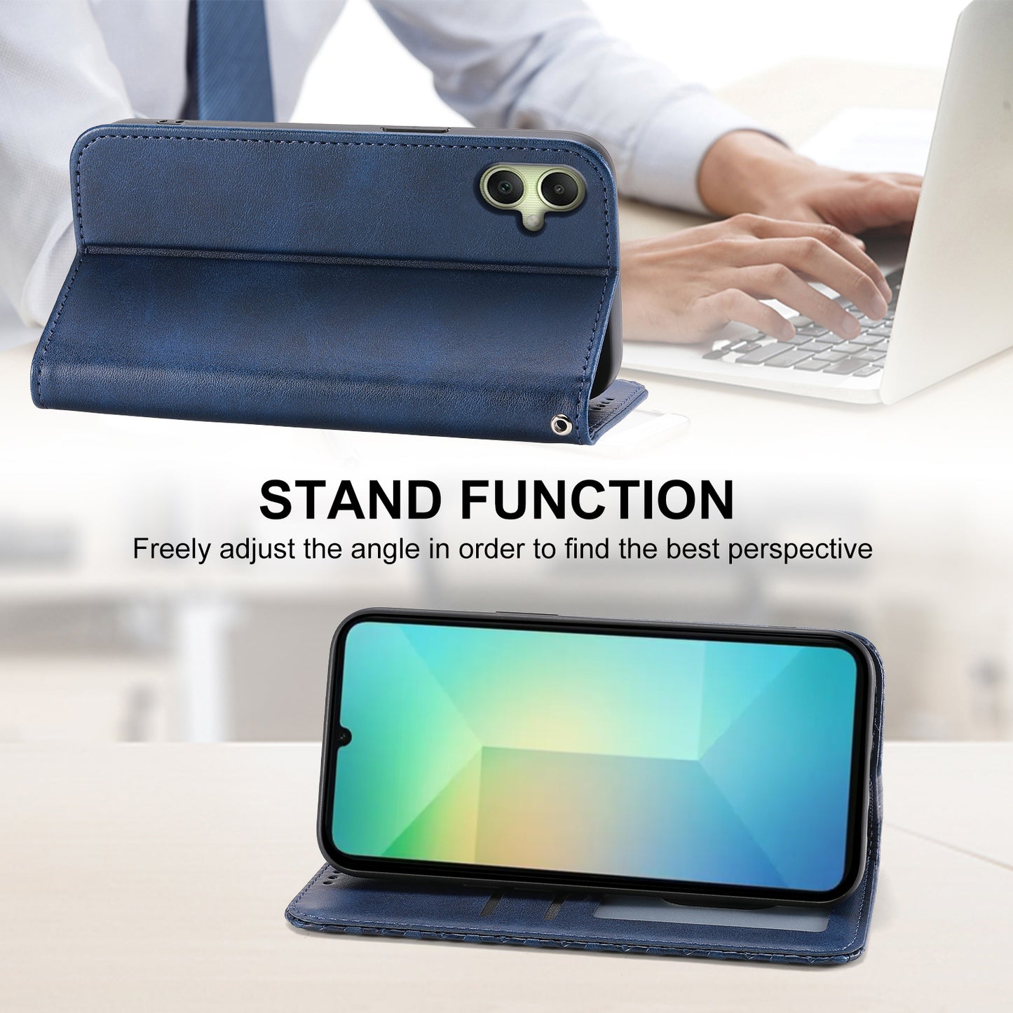 For Samsung Galaxy A06 Case Calf Texture PU Leather Phone Cover with Wallet - Blue