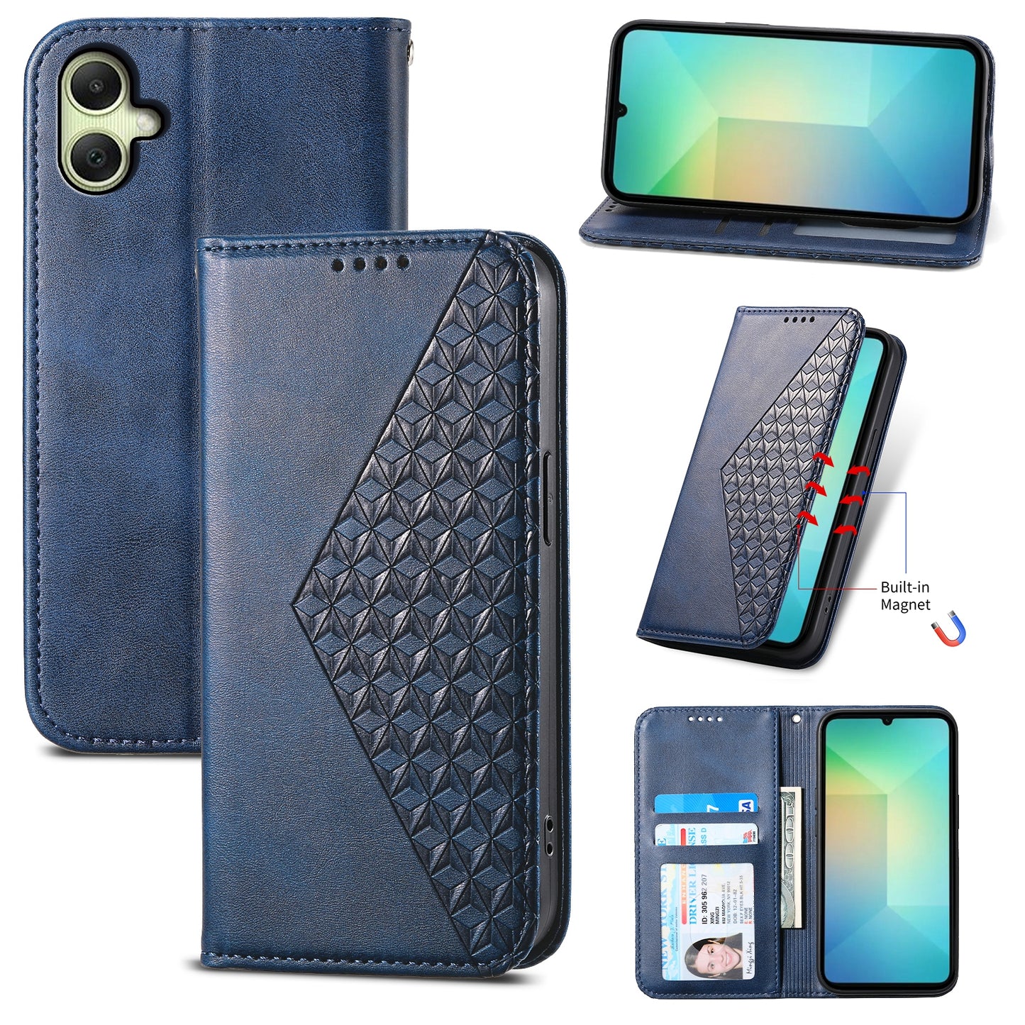 For Samsung Galaxy A06 Case Calf Texture PU Leather Phone Cover with Wallet - Blue
