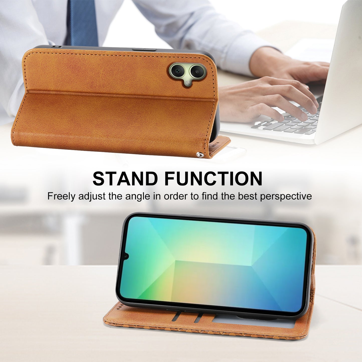 For Samsung Galaxy A06 Case Calf Texture PU Leather Phone Cover with Wallet - Yellow
