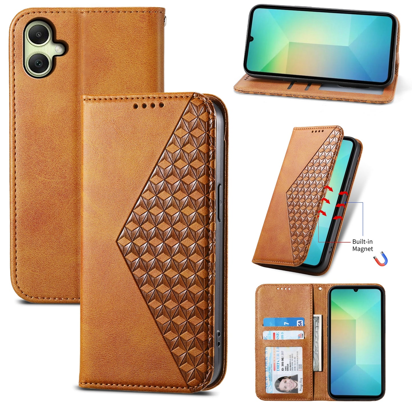 For Samsung Galaxy A06 Case Calf Texture PU Leather Phone Cover with Wallet - Yellow