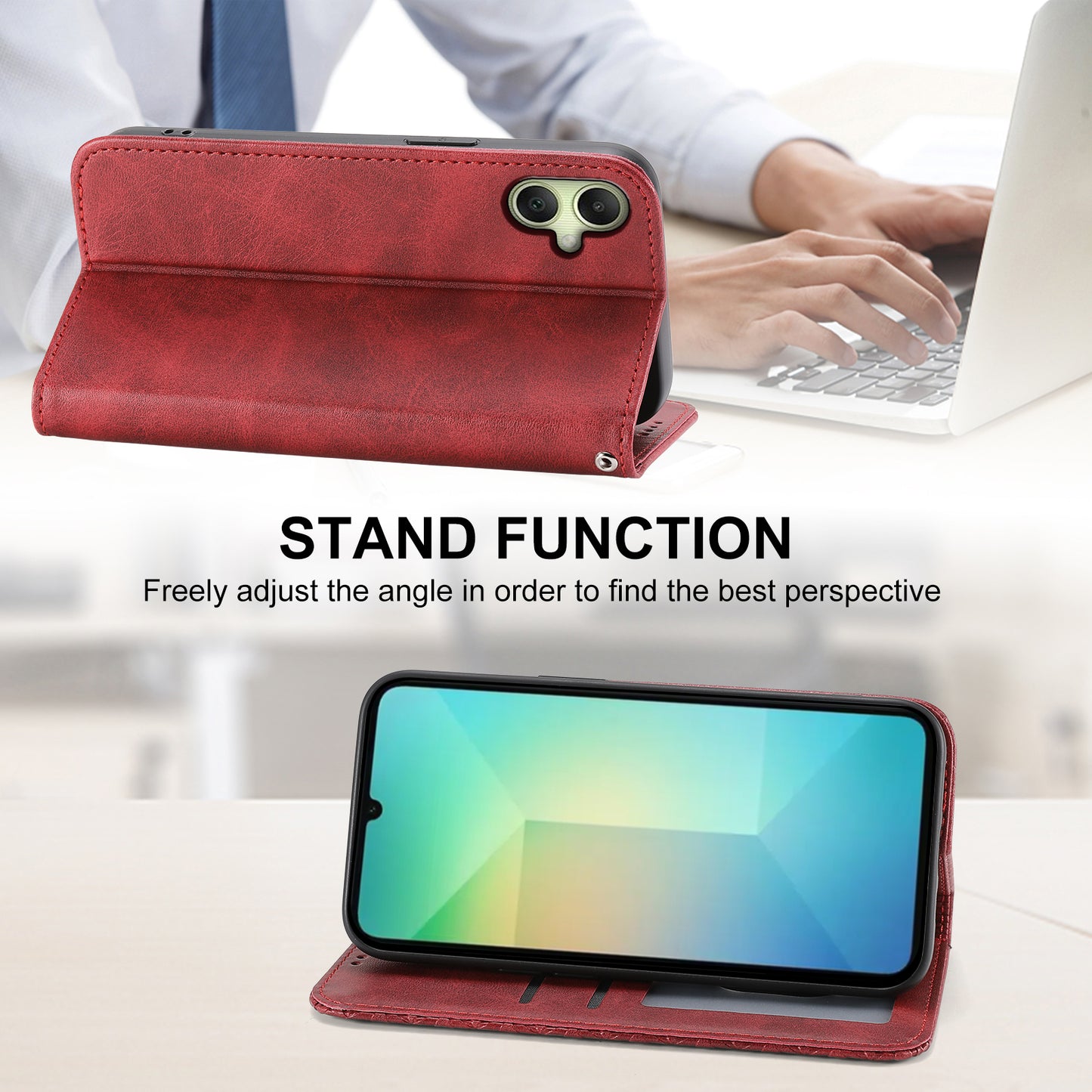 For Samsung Galaxy A06 Case Calf Texture PU Leather Phone Cover with Wallet - Red