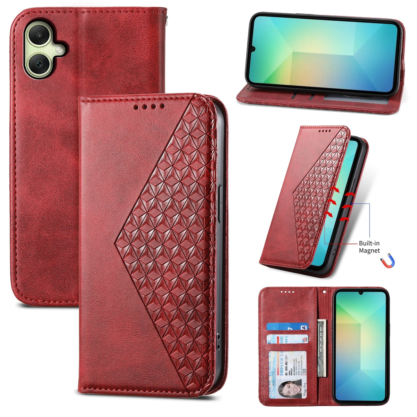For Samsung Galaxy A06 Case Calf Texture PU Leather Phone Cover with Wallet - Red